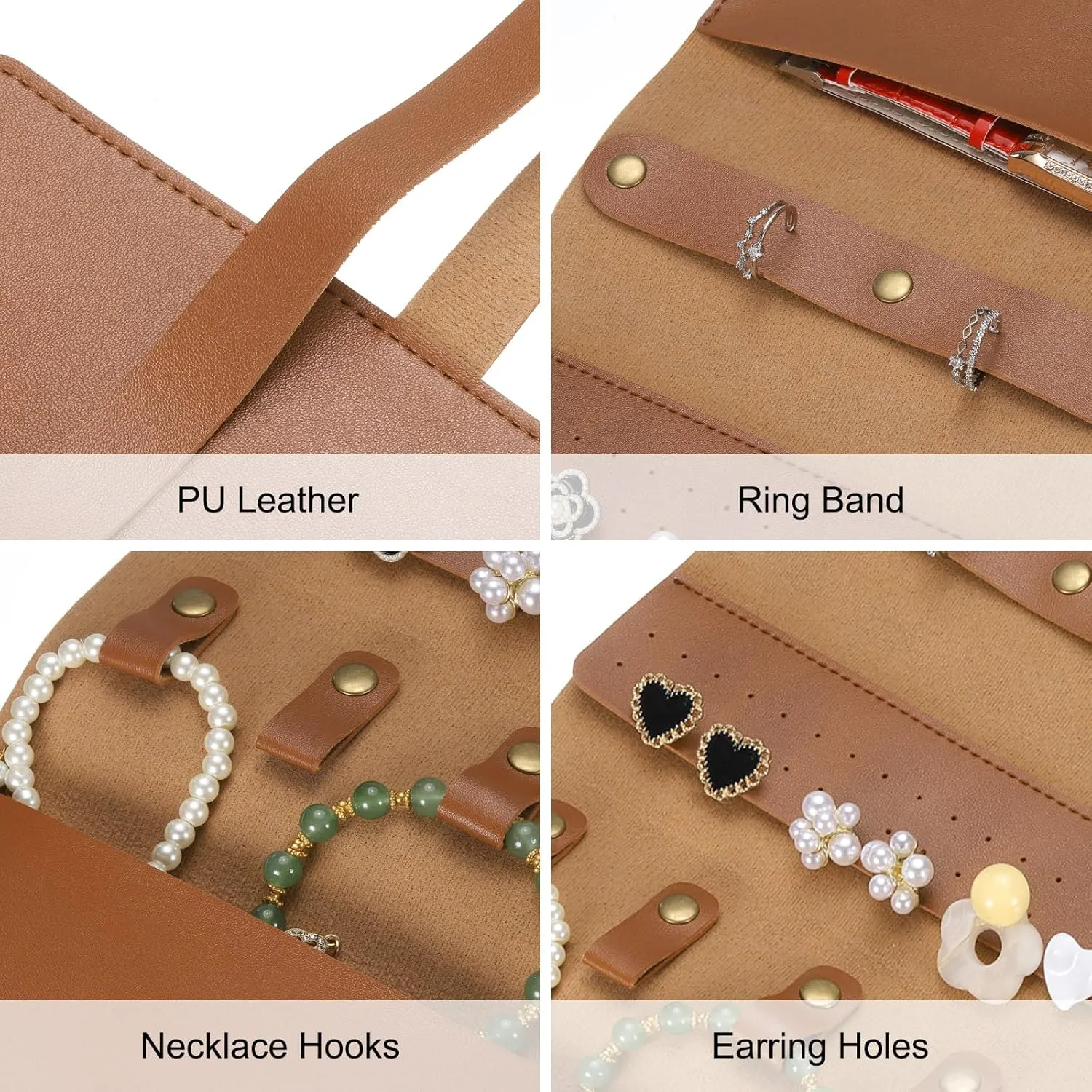 uxcell Travel Jewelry Roll Bag, Foldable Travel Jewelry Organizer Case, Portable Jewelry Pouch for Traveling Rings Necklaces Earrings Bracelets Jewelry Storage, Brown
