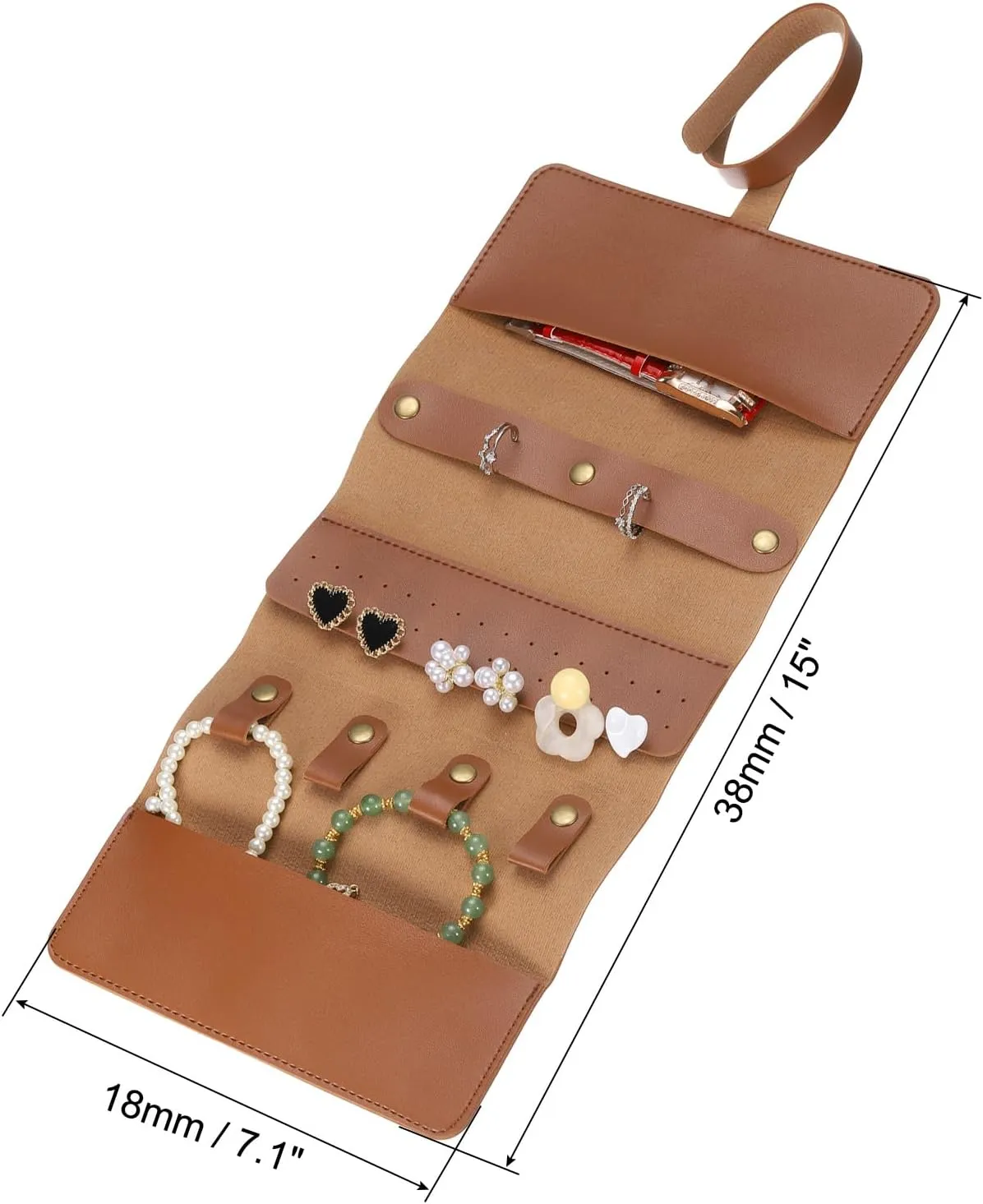 uxcell Travel Jewelry Roll Bag, Foldable Travel Jewelry Organizer Case, Portable Jewelry Pouch for Traveling Rings Necklaces Earrings Bracelets Jewelry Storage, Brown