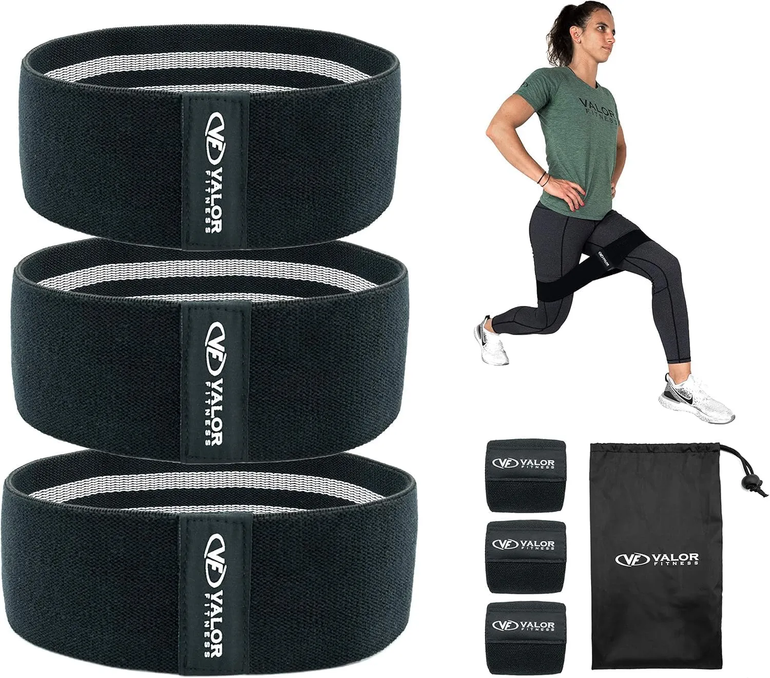 Valor Fitness Hip Bands - Fabric Resistance Glute Training Set, 3- Tension Level for Leg and Hip Mobility -Travel Bag Included
