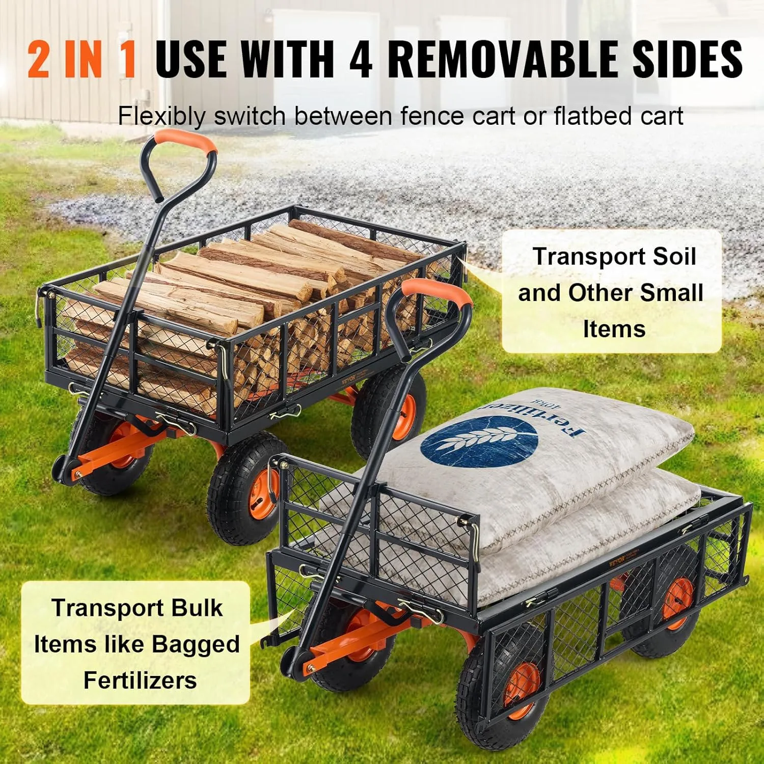 VEVOR 880lbs Steel Garden Dump Cart, Heavy Duty Yard Dump Wagon Utility Wagon with Removable Sides, 10in All Terrain Wheels, Pullable Handle, Utility Liner