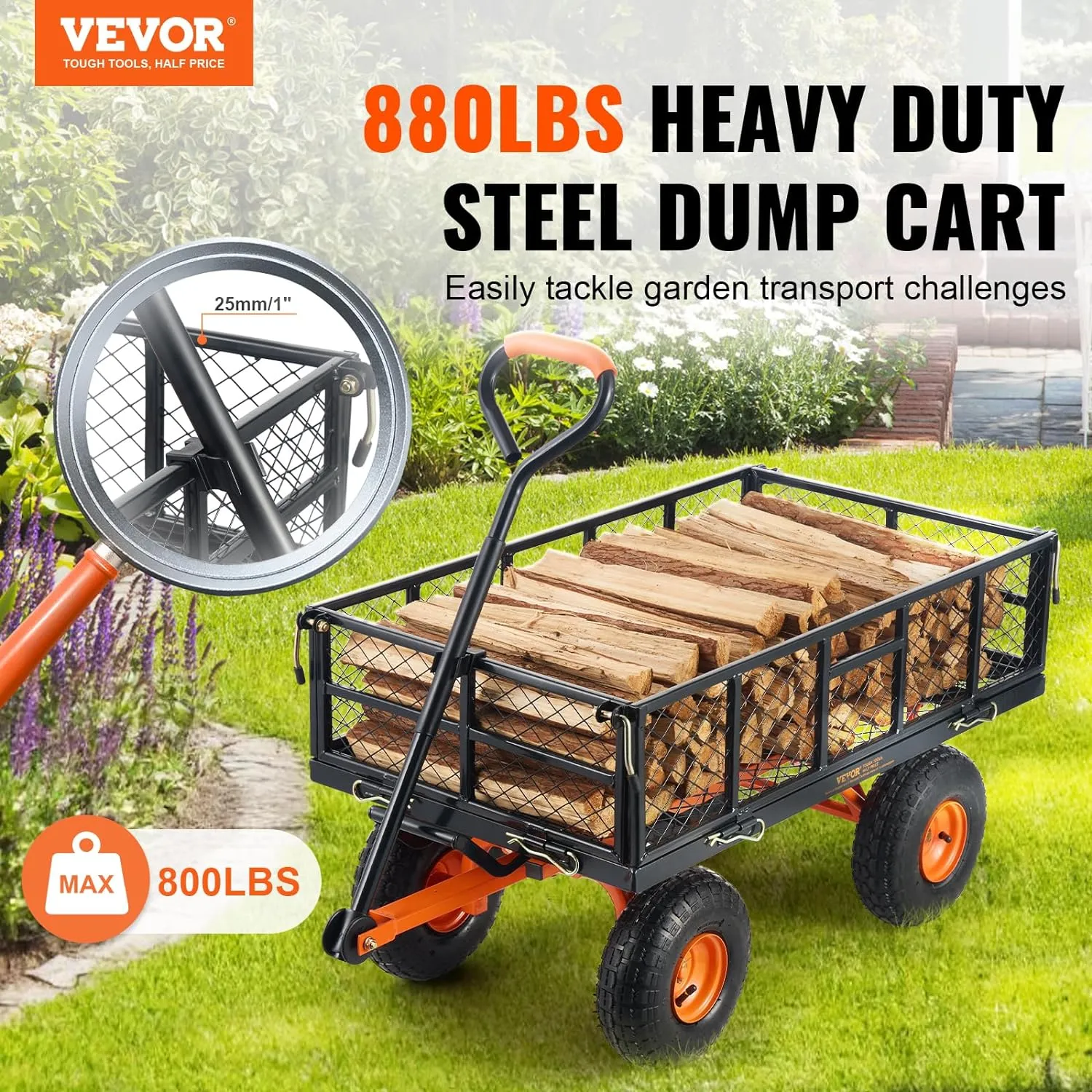 VEVOR 880lbs Steel Garden Dump Cart, Heavy Duty Yard Dump Wagon Utility Wagon with Removable Sides, 10in All Terrain Wheels, Pullable Handle, Utility Liner