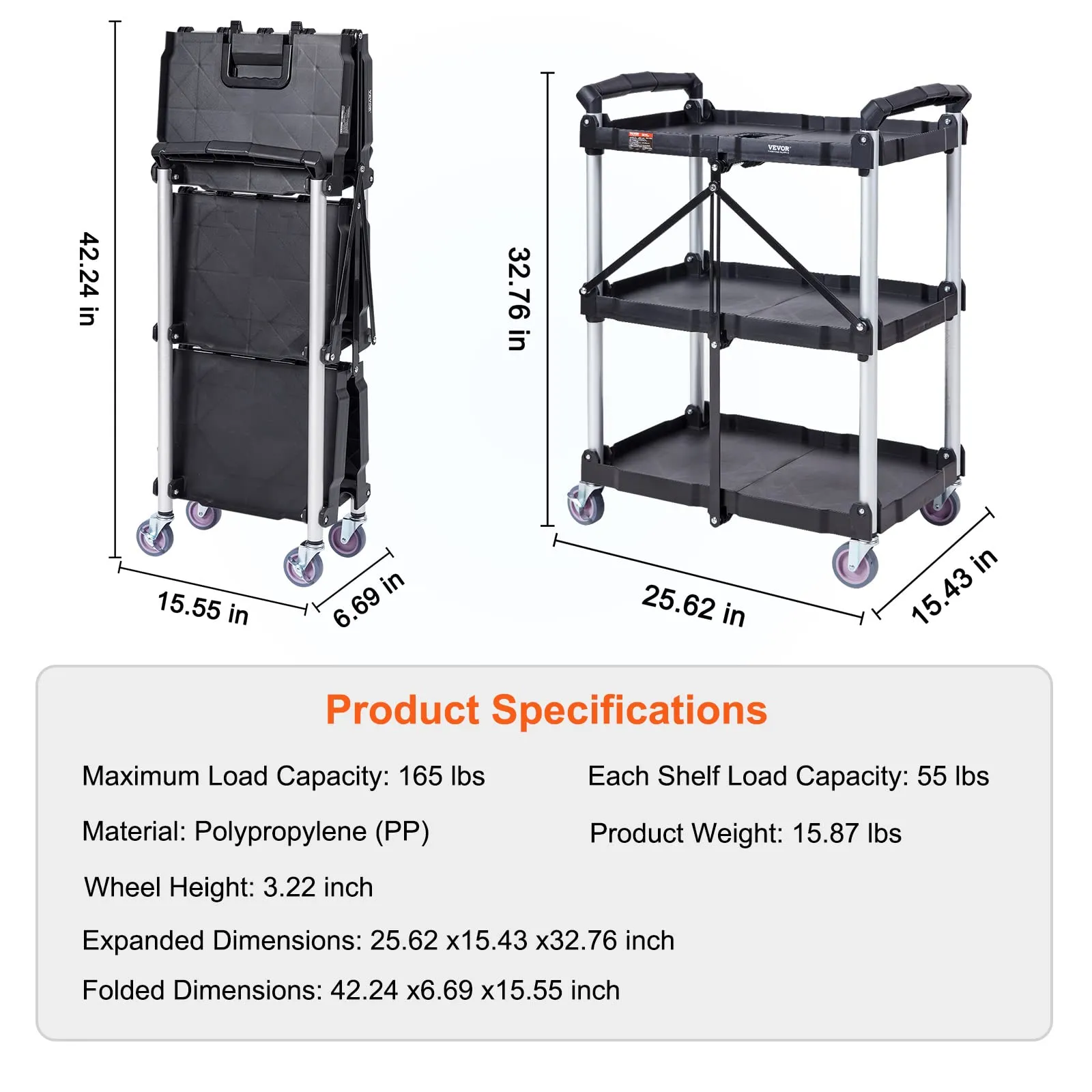 VEVOR Foldable Utility Service Cart, 165LBS 3 Shelf Heavy Duty Plastic Rolling Cart with 360° Swivel Wheels (2 with Brakes), Ergonomic Handle, Portable Garage Tool Cart for Warehouse Office Home