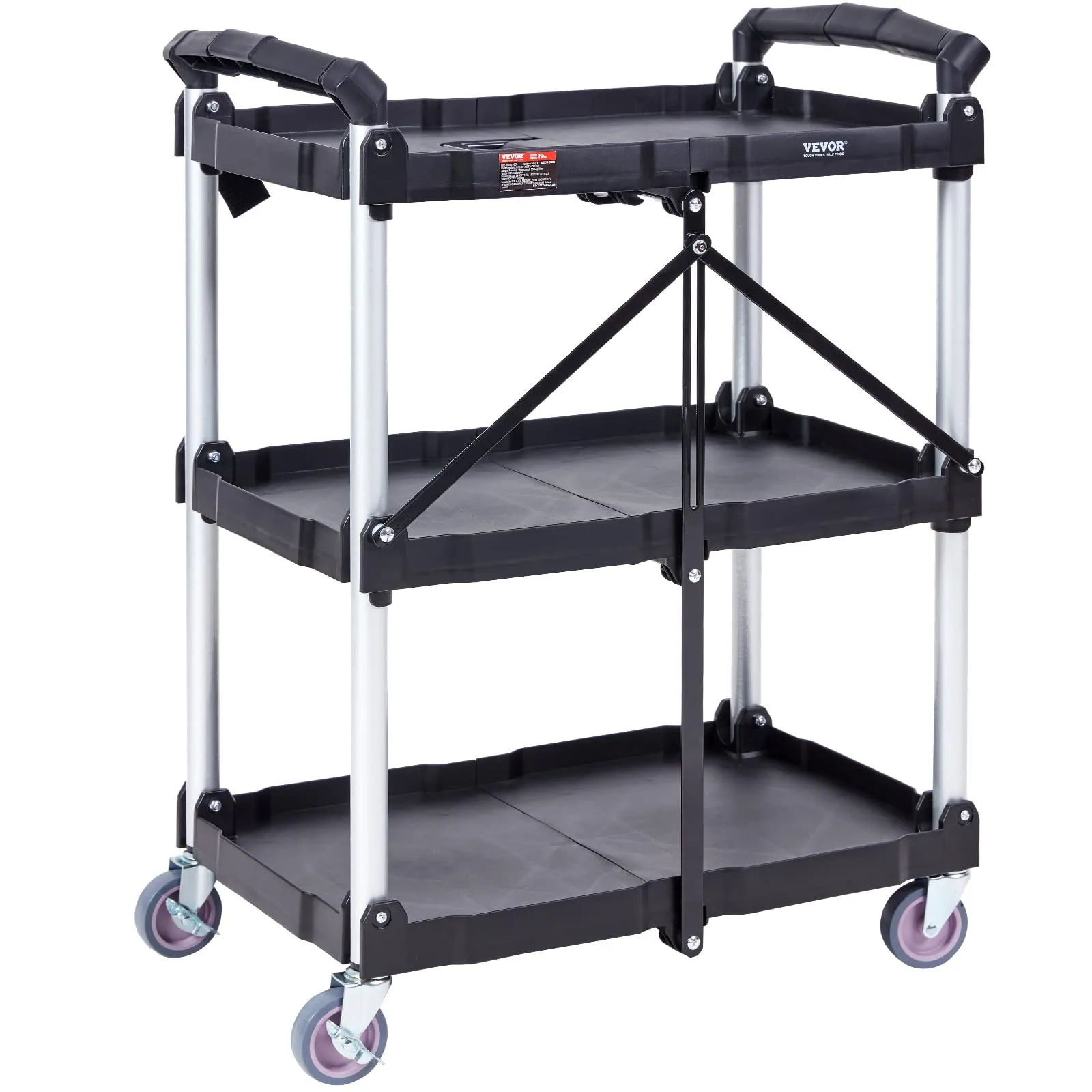 VEVOR Foldable Utility Service Cart, 165LBS 3 Shelf Heavy Duty Plastic Rolling Cart with 360° Swivel Wheels (2 with Brakes), Ergonomic Handle, Portable Garage Tool Cart for Warehouse Office Home