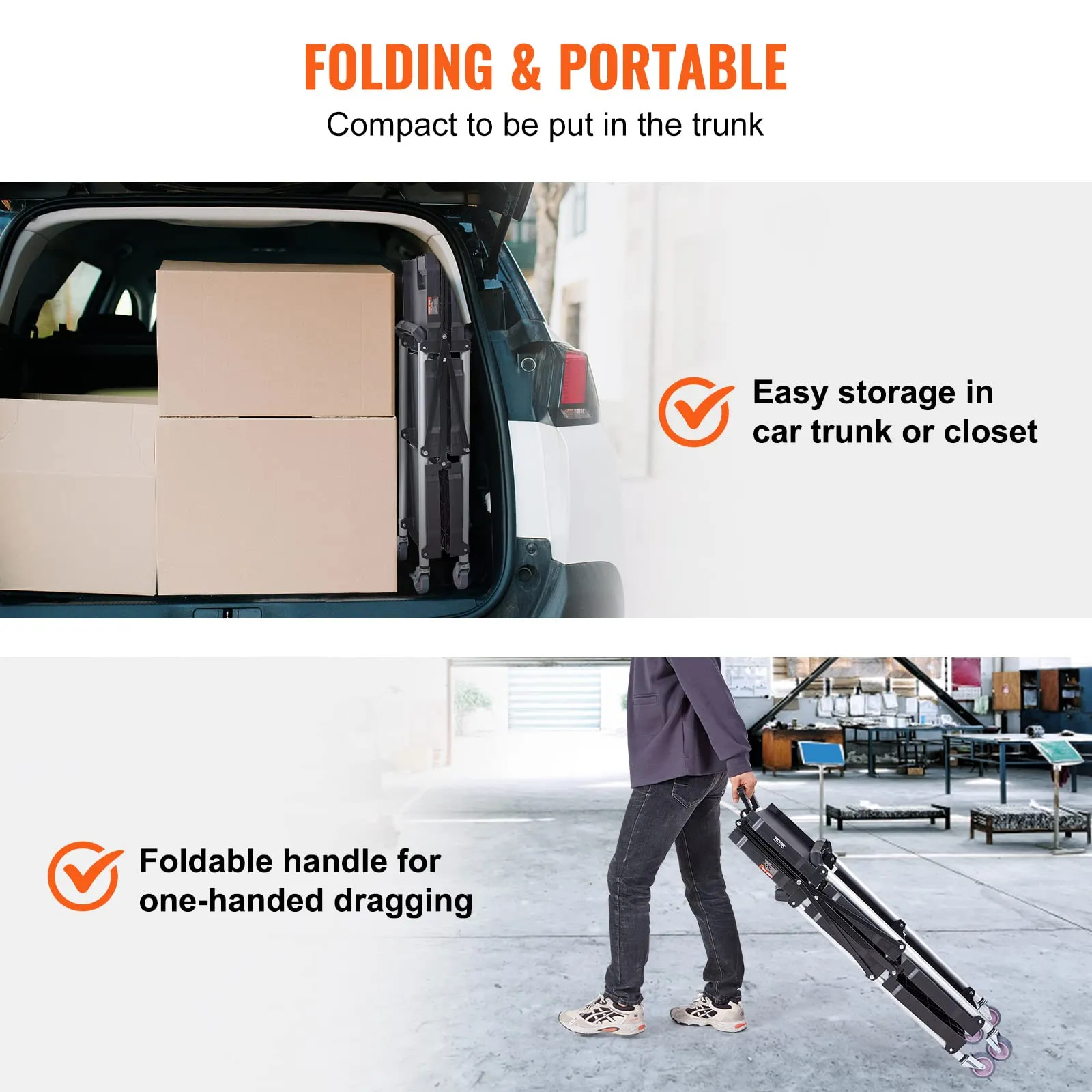 VEVOR Foldable Utility Service Cart, 165LBS 3 Shelf Heavy Duty Plastic Rolling Cart with 360° Swivel Wheels (2 with Brakes), Ergonomic Handle, Portable Garage Tool Cart for Warehouse Office Home