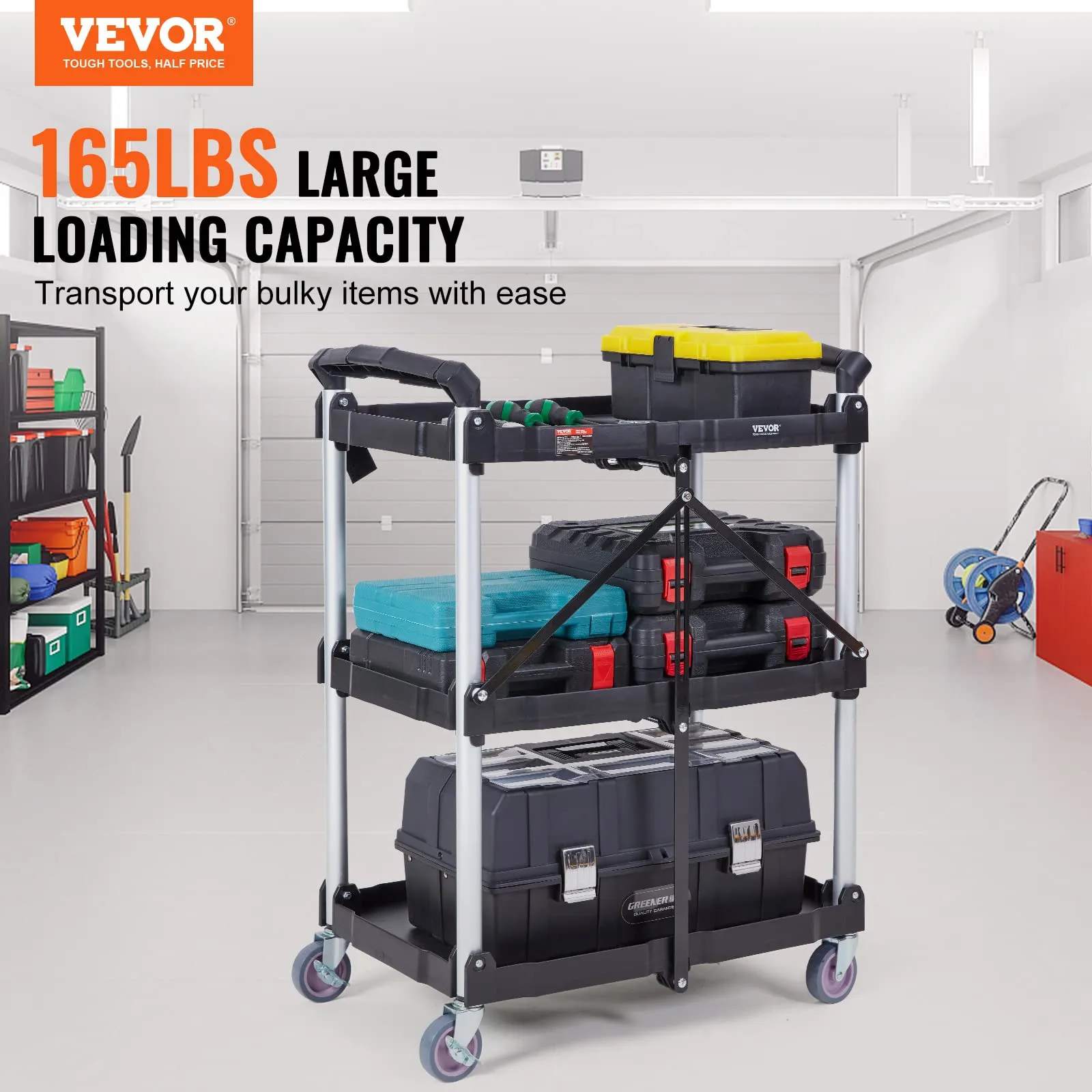 VEVOR Foldable Utility Service Cart, 165LBS 3 Shelf Heavy Duty Plastic Rolling Cart with 360° Swivel Wheels (2 with Brakes), Ergonomic Handle, Portable Garage Tool Cart for Warehouse Office Home