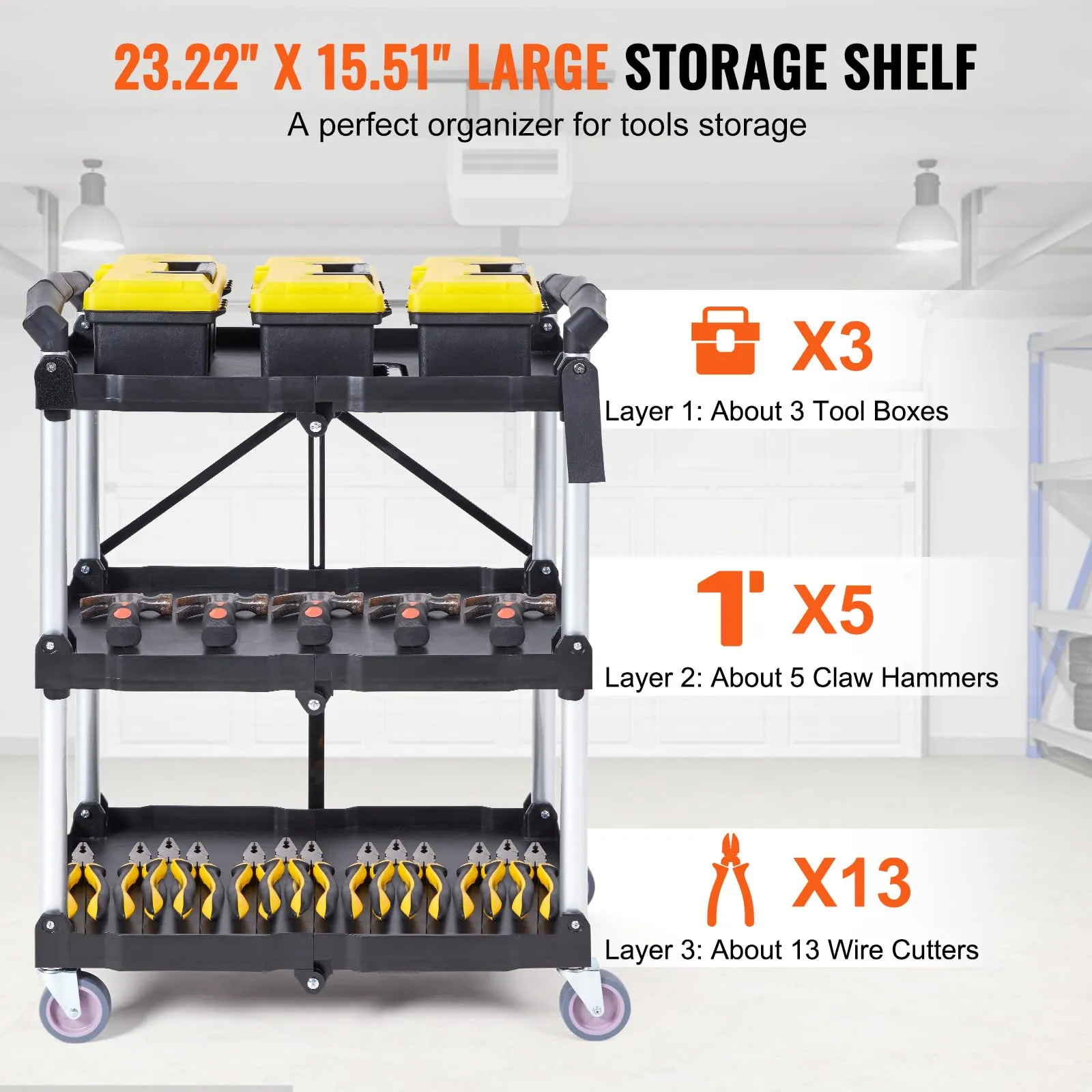 VEVOR Foldable Utility Service Cart, 165LBS 3 Shelf Heavy Duty Plastic Rolling Cart with 360° Swivel Wheels (2 with Brakes), Ergonomic Handle, Portable Garage Tool Cart for Warehouse Office Home