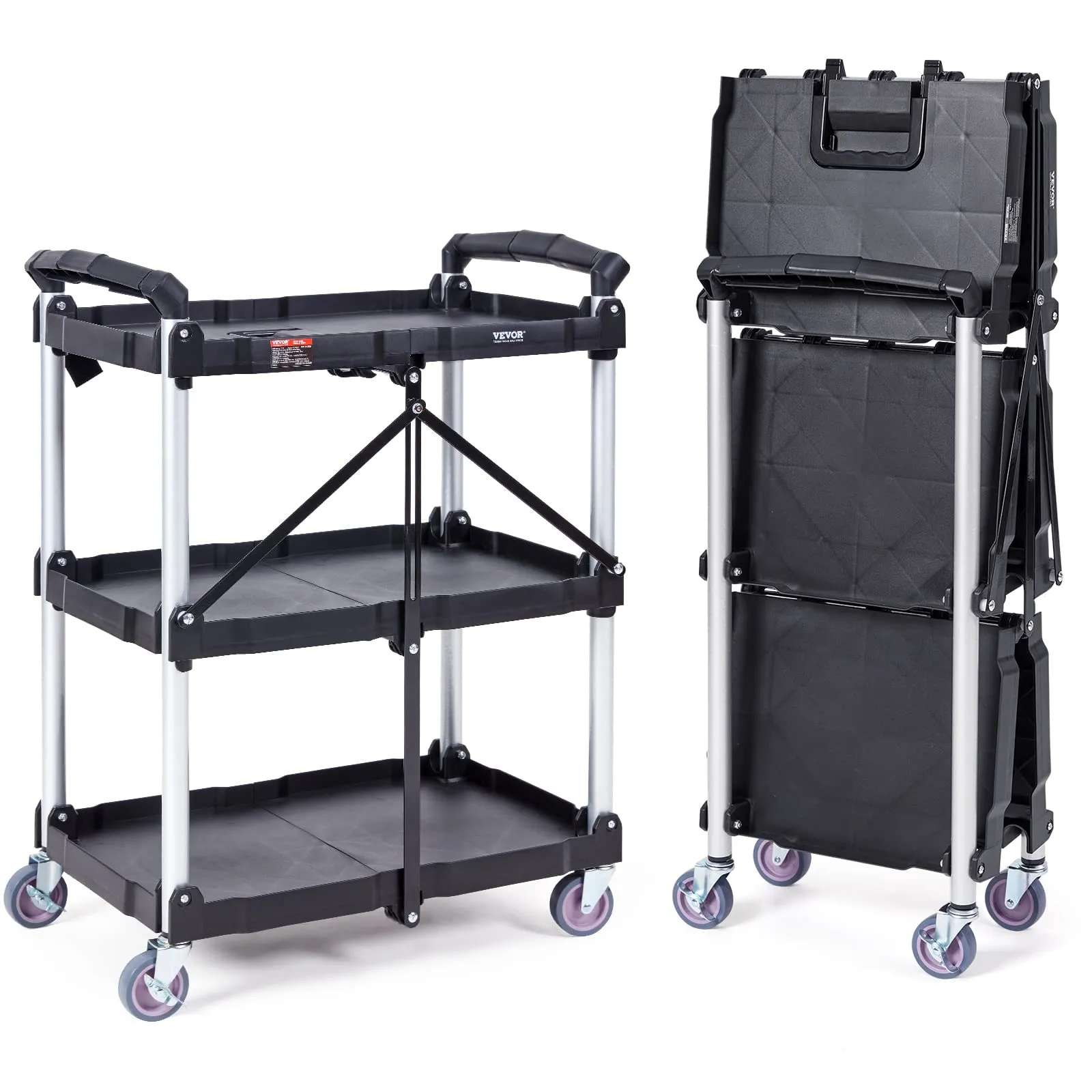 VEVOR Foldable Utility Service Cart, 165LBS 3 Shelf Heavy Duty Plastic Rolling Cart with 360° Swivel Wheels (2 with Brakes), Ergonomic Handle, Portable Garage Tool Cart for Warehouse Office Home