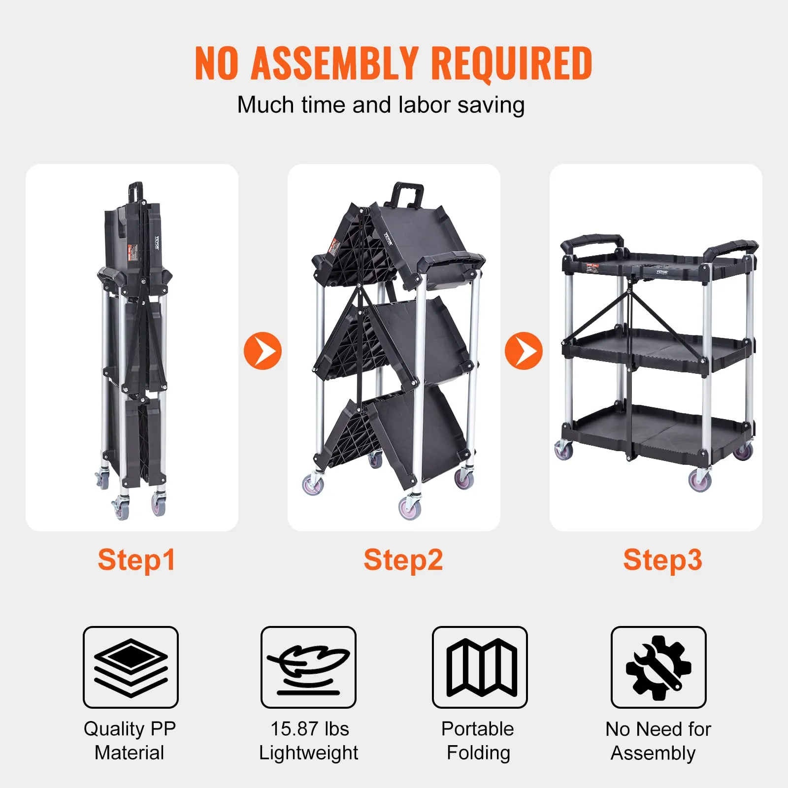 VEVOR Foldable Utility Service Cart, 165LBS 3 Shelf Heavy Duty Plastic Rolling Cart with 360° Swivel Wheels (2 with Brakes), Ergonomic Handle, Portable Garage Tool Cart for Warehouse Office Home
