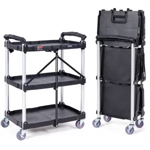 VEVOR Foldable Utility Service Cart, 165LBS 3 Shelf Heavy Duty Plastic Rolling Cart with 360° Swivel Wheels (2 with Brakes), Ergonomic Handle, Portable Garage Tool Cart for Warehouse Office Home