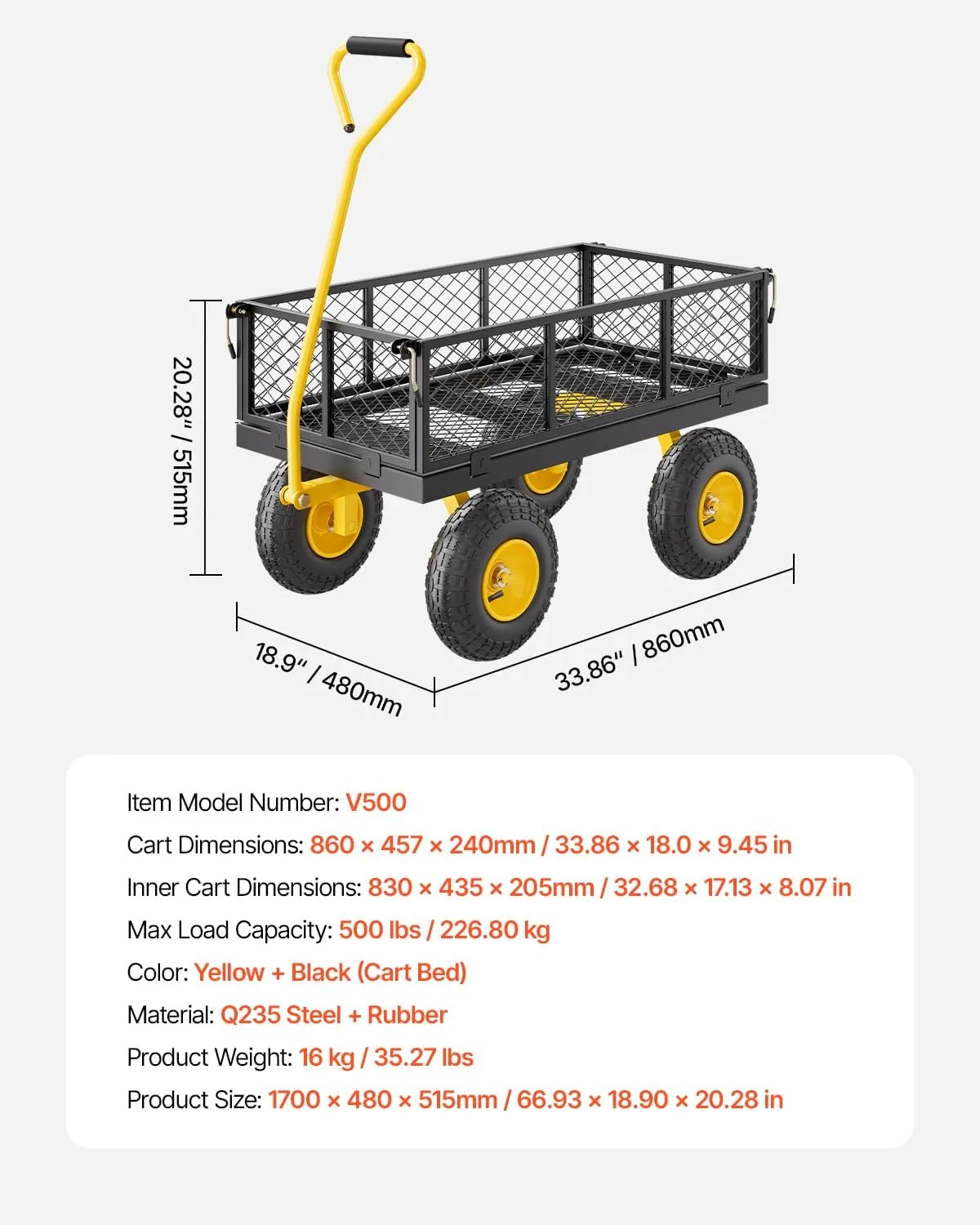 VEVOR Steel Garden Cart, Heavy Duty 500 lbs Capacity, with Removable Mesh Sides to Convert into Flatbed, Utility Metal Wagon with 180° Rotating Handle and 10 in Tires, Perfect for Garden, Farm, Yard