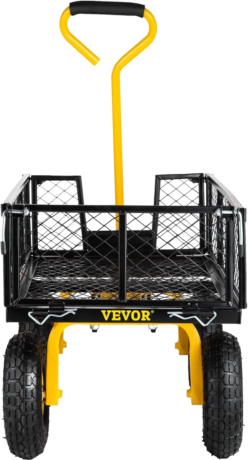 VEVOR Steel Garden Cart, Heavy Duty 500 lbs Capacity, with Removable Mesh Sides to Convert into Flatbed, Utility Metal Wagon with 180° Rotating Handle and 10 in Tires, Perfect for Garden, Farm, Yard