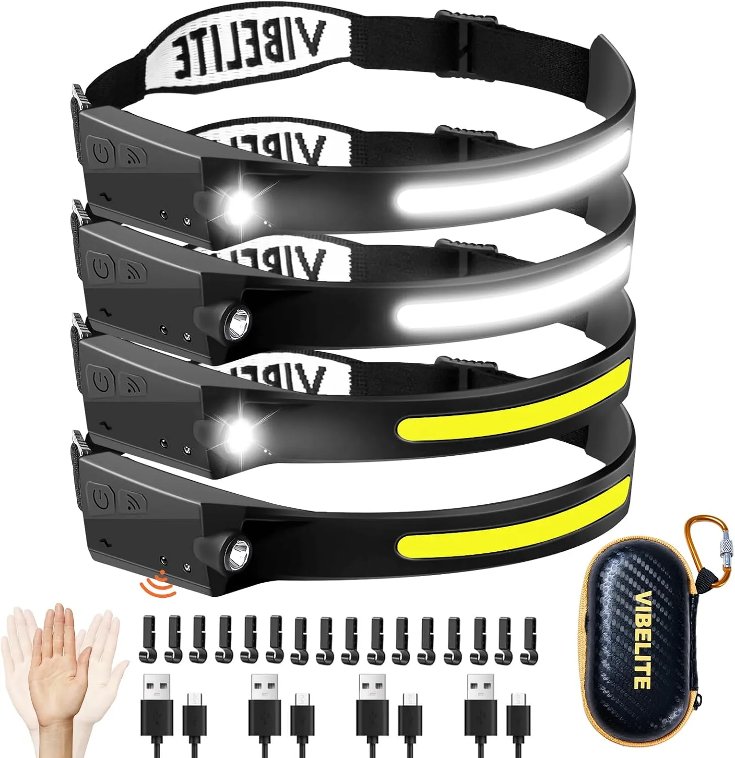 VIBELITE 4PCS Rechargeable Headlamp Flashlight, 230°Wide Beam Headlight with Motion Sensor, 5Mode Headlamps for Forehead, Waterproof Head Light for Camping, Running, Hiking