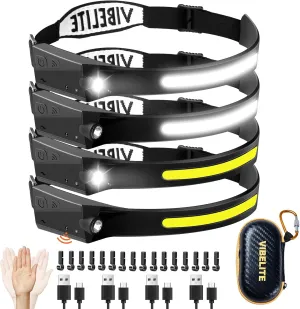 VIBELITE 4PCS Rechargeable Headlamp Flashlight, 230°Wide Beam Headlight with Motion Sensor, 5Mode Headlamps for Forehead, Waterproof Head Light for Camping, Running, Hiking