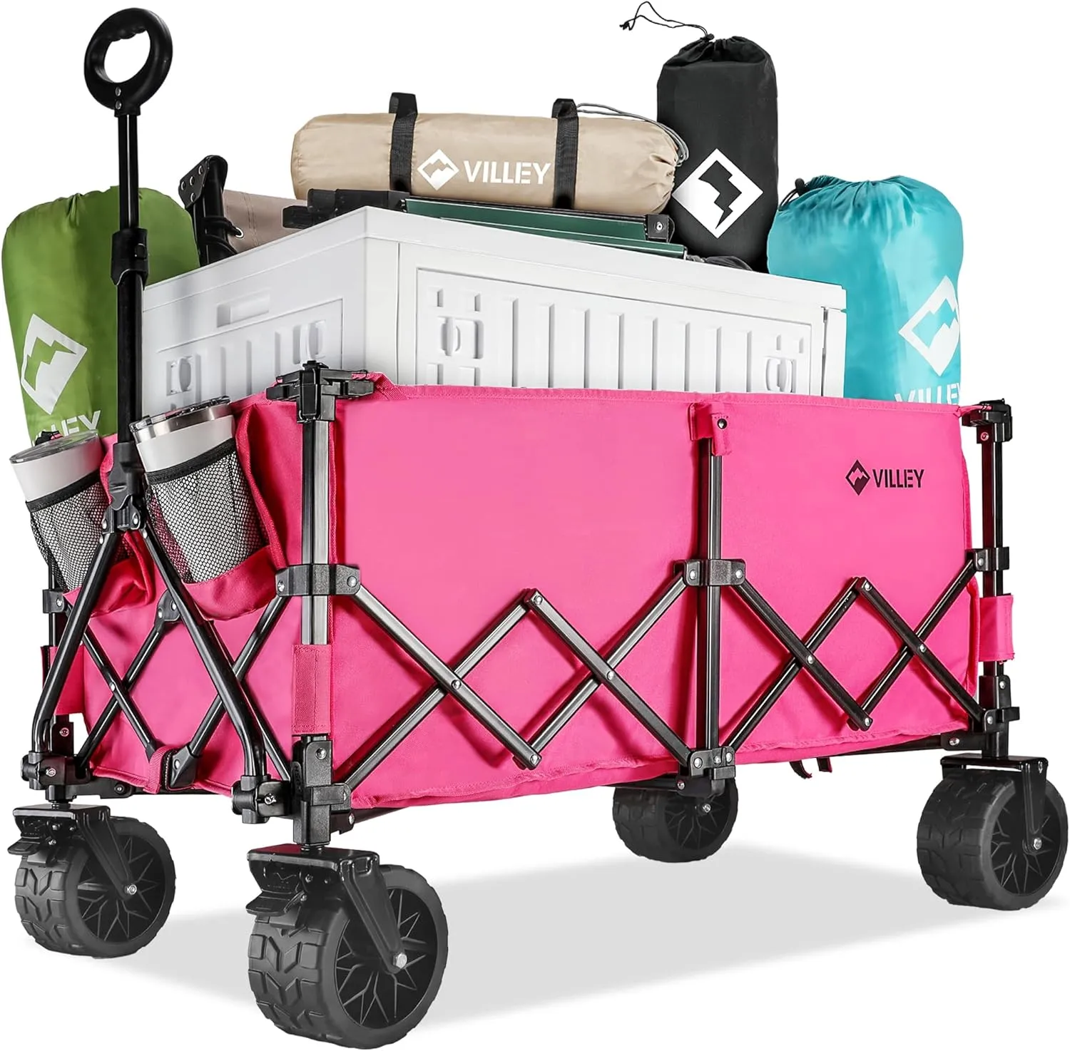VILLEY Extended Collapsible Foldable Wagon with 330LBS Weight Capacity, 220L Heavy Duty Folding Utility Garden Cart with Big All-Terrain Beach Wheels with Brake & Drink Holders, Pink