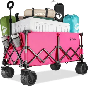VILLEY Extended Collapsible Foldable Wagon with 330LBS Weight Capacity, 220L Heavy Duty Folding Utility Garden Cart with Big All-Terrain Beach Wheels with Brake & Drink Holders, Pink