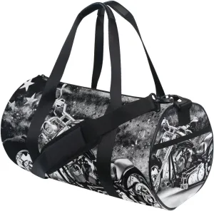 Vintage Retro Black Motorcycle with Vintage Old American Flag Duffel Bag, Foldable Canvas Travel Tote for Gym Sports with Inner Pockets, Durable Lightweight Fitness Bag for Overnight Workout