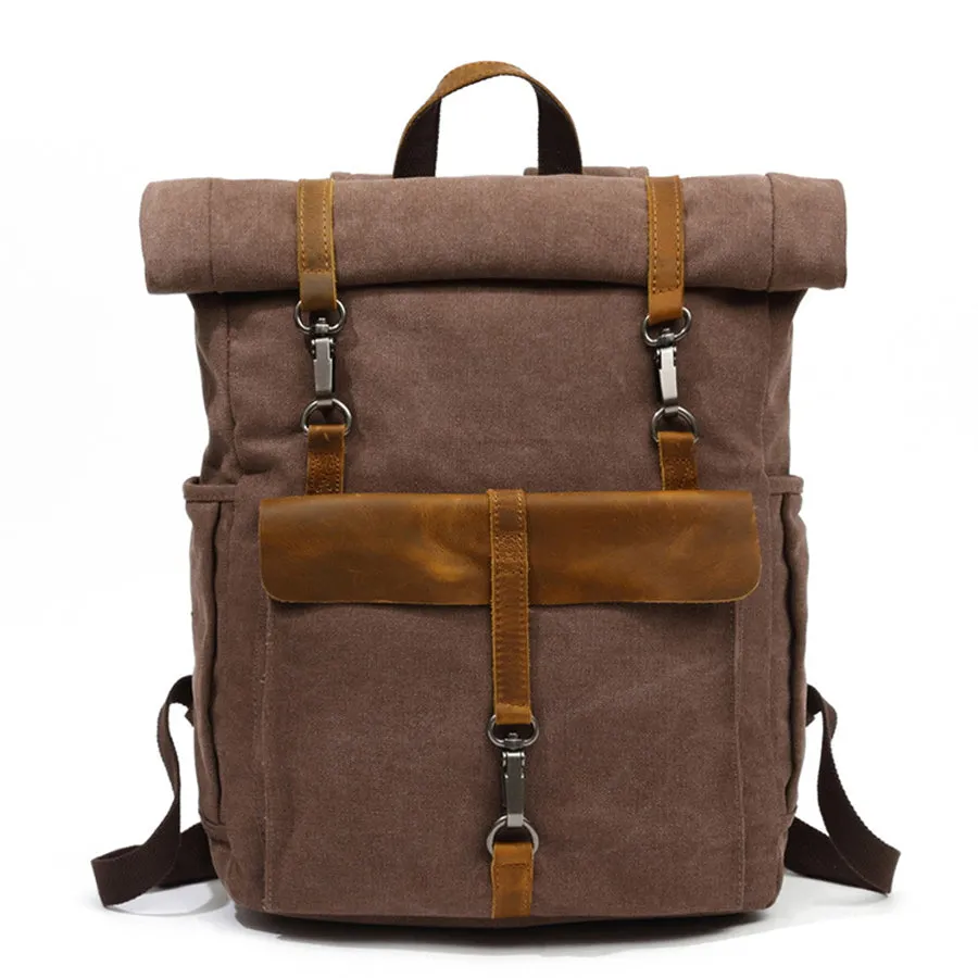 Vintage Roll-Top Canvas Backpack with Belt Buckle Closure