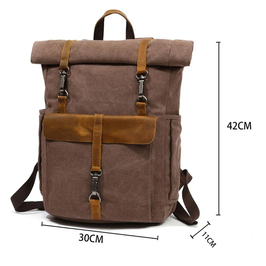 Vintage Roll-Top Canvas Backpack with Belt Buckle Closure