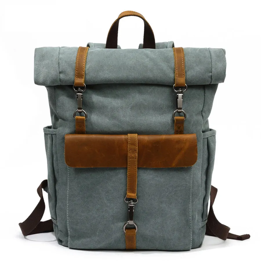 Vintage Roll-Top Canvas Backpack with Belt Buckle Closure