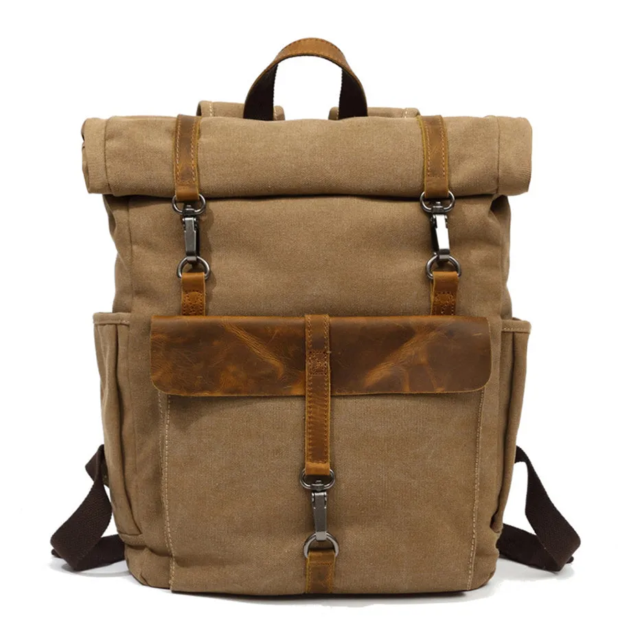 Vintage Roll-Top Canvas Backpack with Belt Buckle Closure