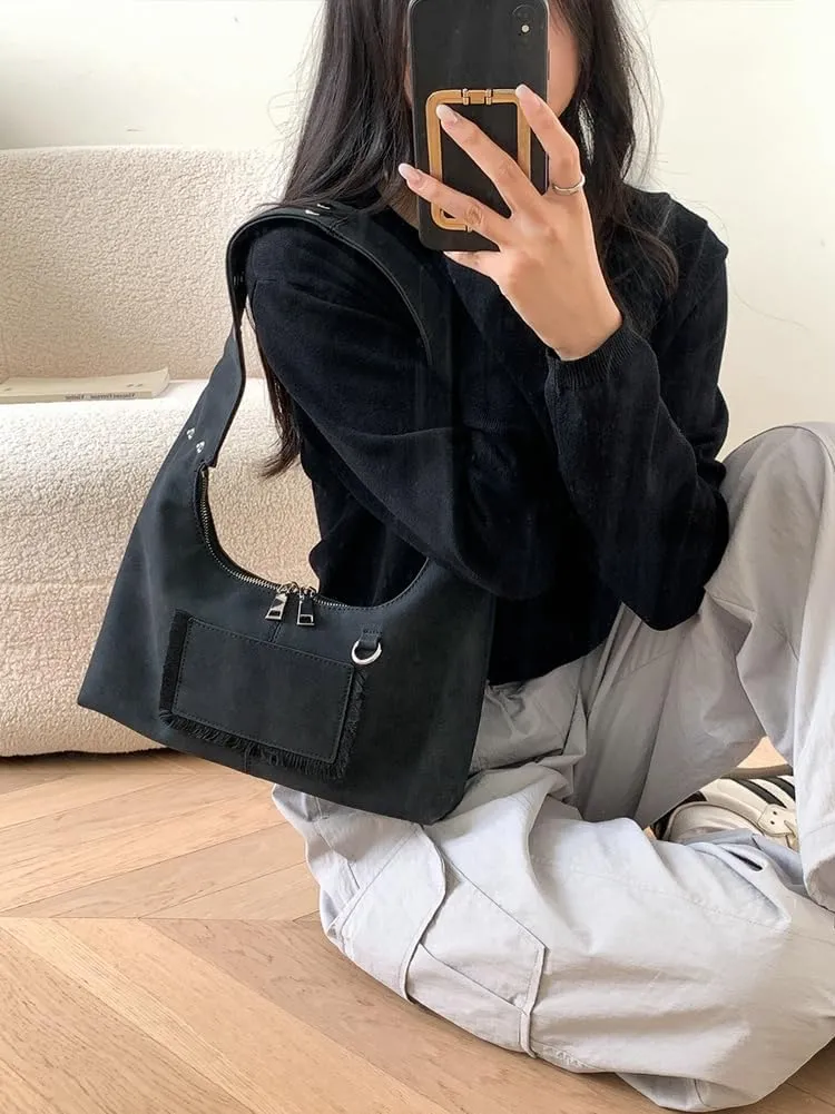 Vintage Underarm Bag for Women Y2K Designer Bag Suede Shoulder Bag Suede Fall Purse Top Handle Tote Handbag