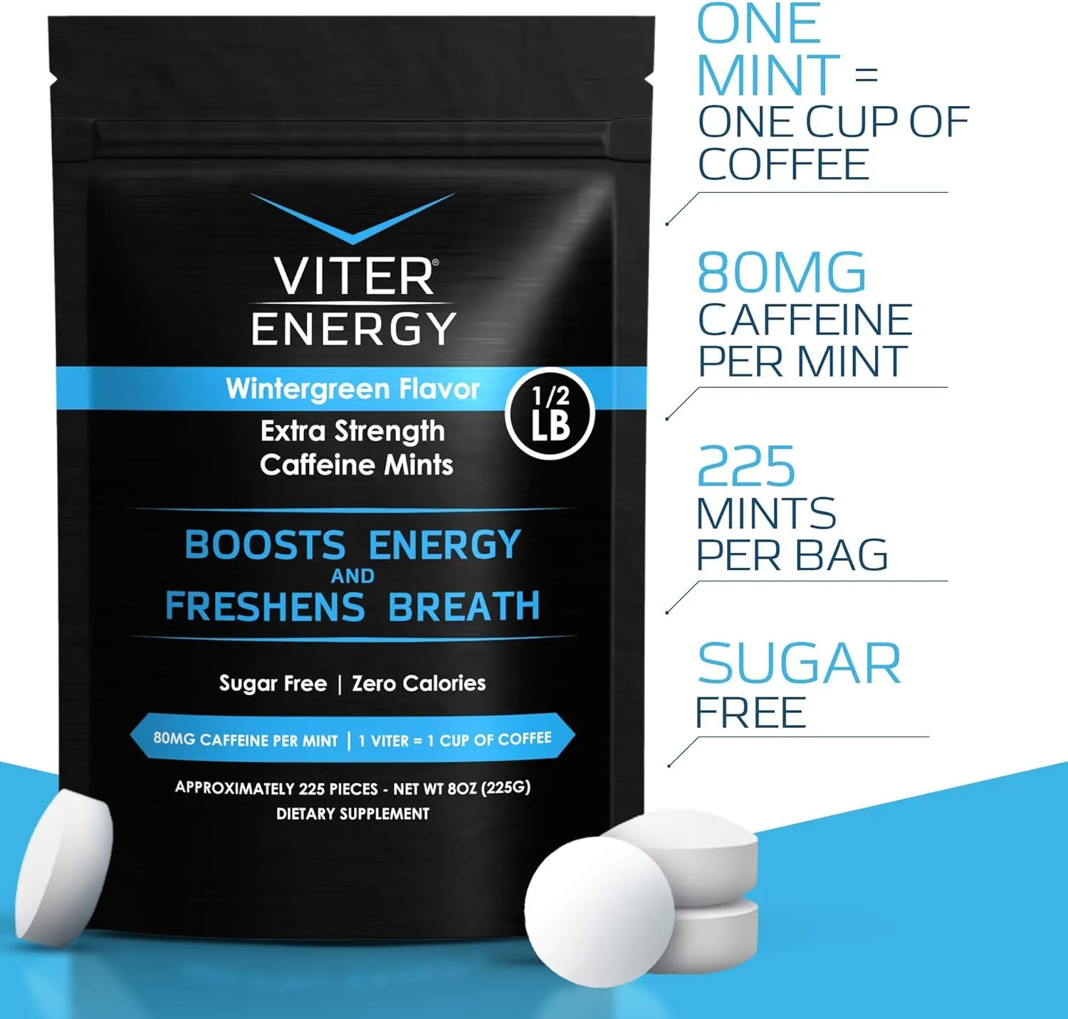 Viter Energy Extra Strength Caffeinated Mints 80mg Caffeine, B Vitamins, Sugar Free. (Wintergreen, 8oz, Bulk Bag)