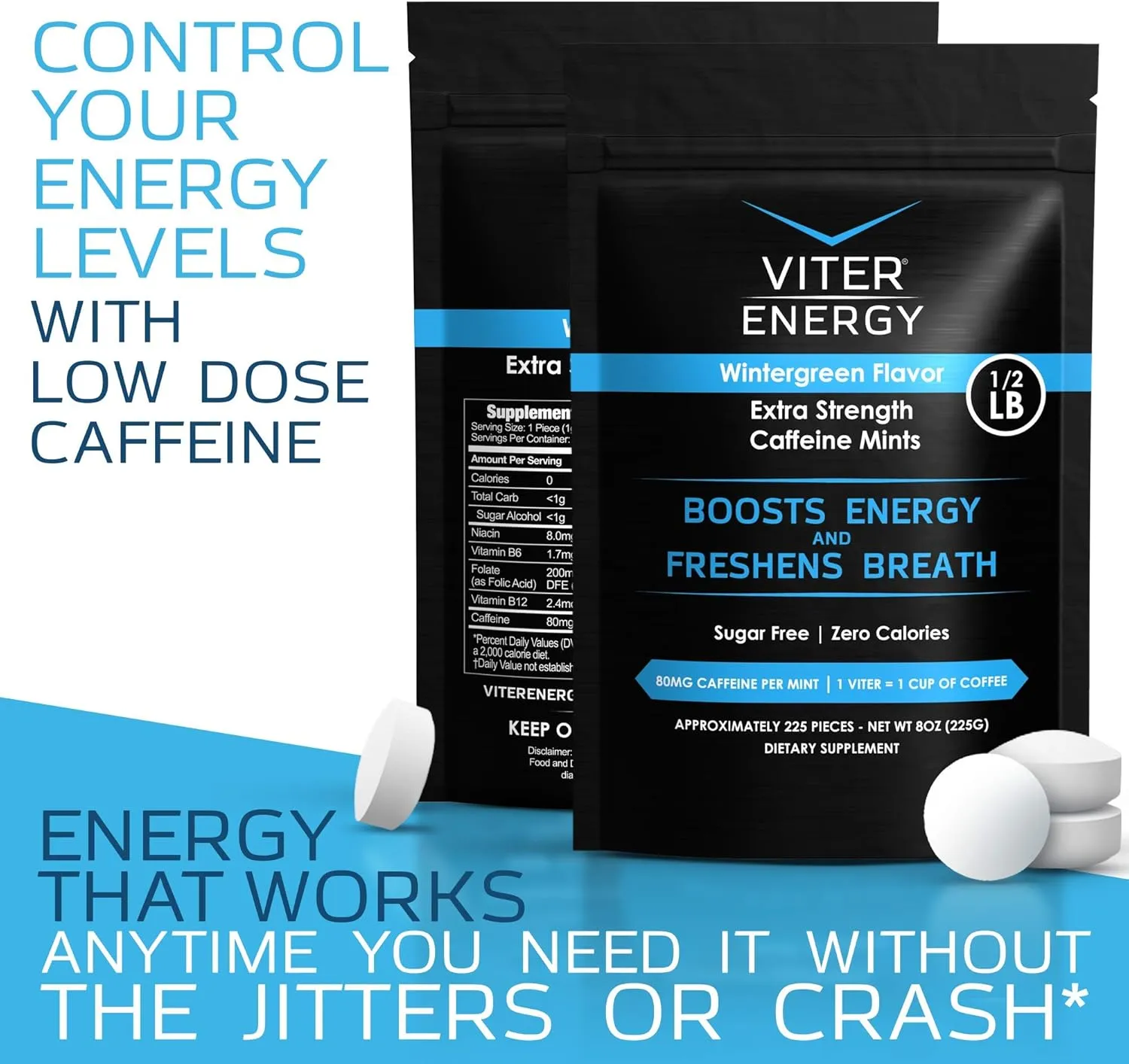 Viter Energy Extra Strength Caffeinated Mints 80mg Caffeine, B Vitamins, Sugar Free. (Wintergreen, 8oz, Bulk Bag)
