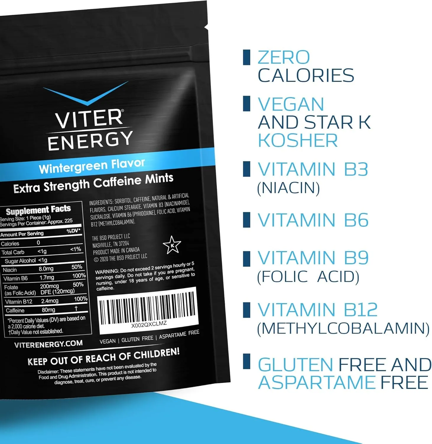 Viter Energy Extra Strength Caffeinated Mints 80mg Caffeine, B Vitamins, Sugar Free. (Wintergreen, 8oz, Bulk Bag)