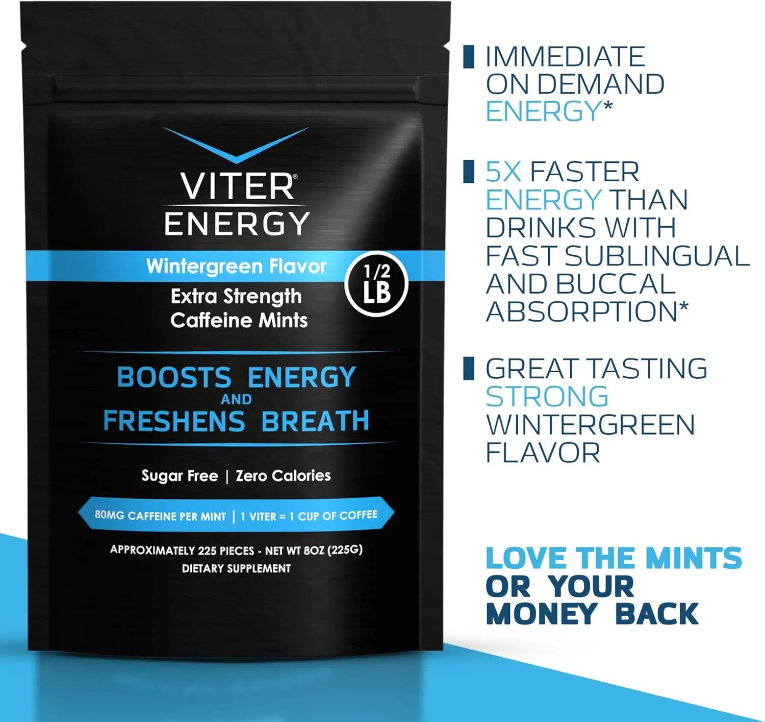 Viter Energy Extra Strength Caffeinated Mints 80mg Caffeine, B Vitamins, Sugar Free. (Wintergreen, 8oz, Bulk Bag)