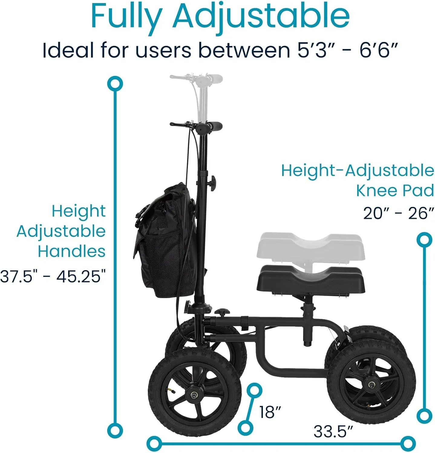 Vive Mobility All Terrain Knee Scooter Walker for Foot Injuries - Adult Broken Leg Crutch Cart Roller for Surgery, Broken Foot, Ankle Injury - Kneeling Rolling Steerable Seated Wheel Scooter Aid