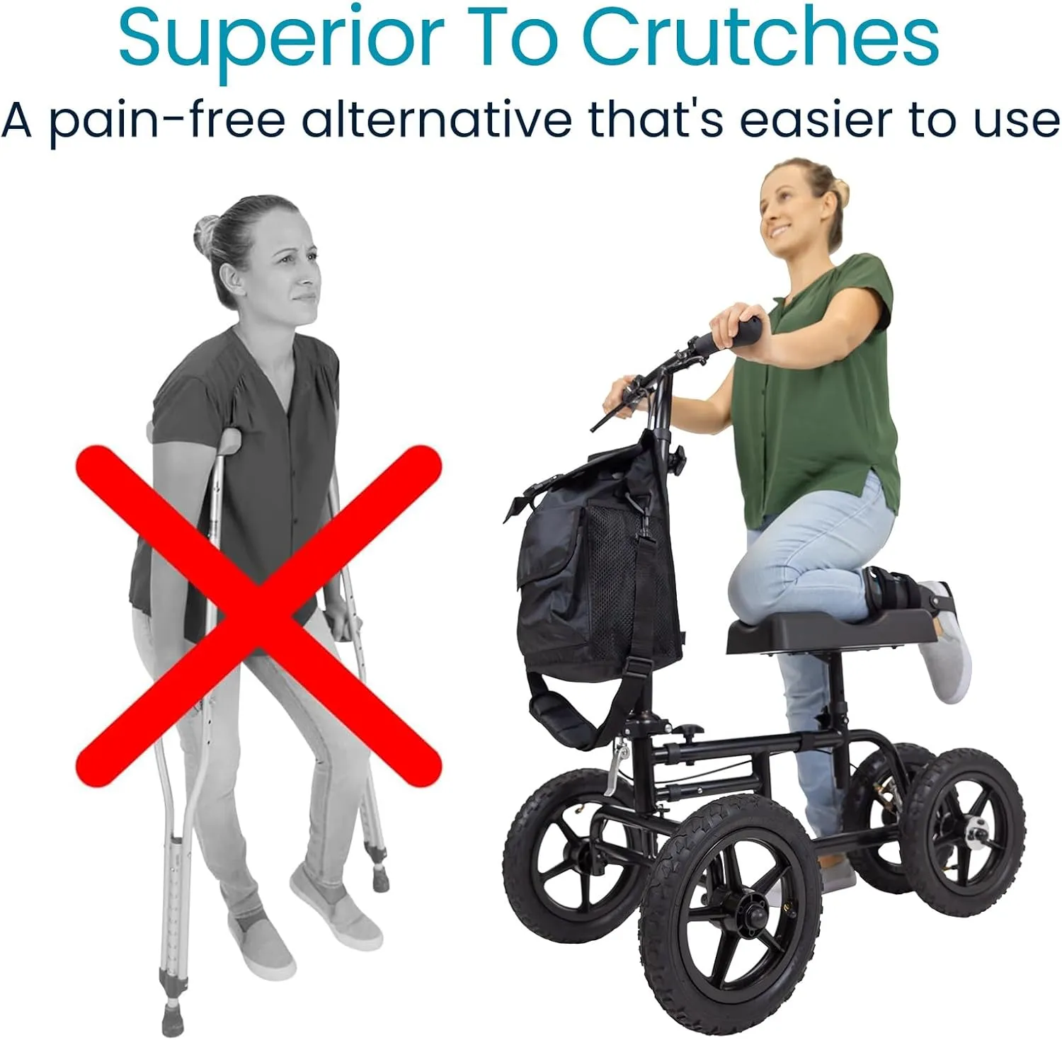 Vive Mobility All Terrain Knee Scooter Walker for Foot Injuries - Adult Broken Leg Crutch Cart Roller for Surgery, Broken Foot, Ankle Injury - Kneeling Rolling Steerable Seated Wheel Scooter Aid