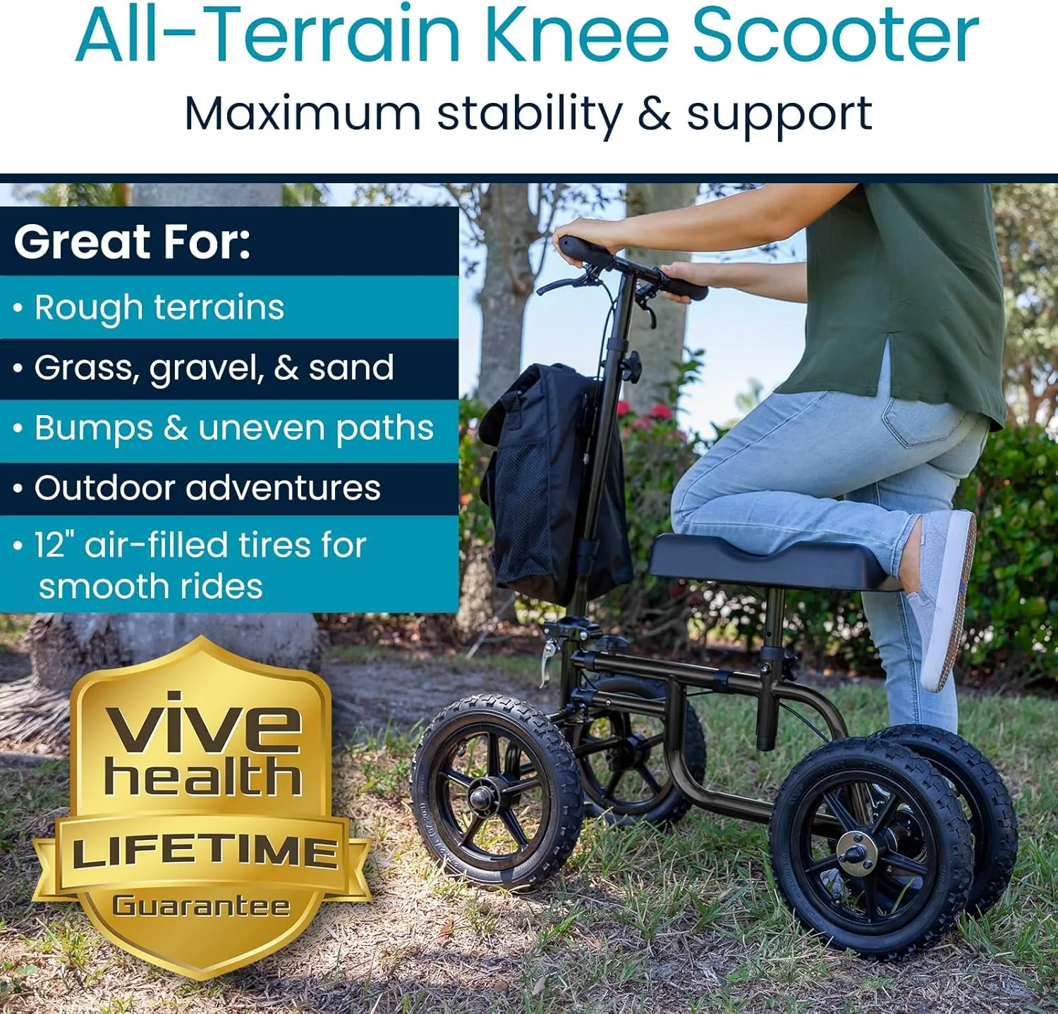 Vive Mobility All Terrain Knee Scooter Walker for Foot Injuries - Adult Broken Leg Crutch Cart Roller for Surgery, Broken Foot, Ankle Injury - Kneeling Rolling Steerable Seated Wheel Scooter Aid