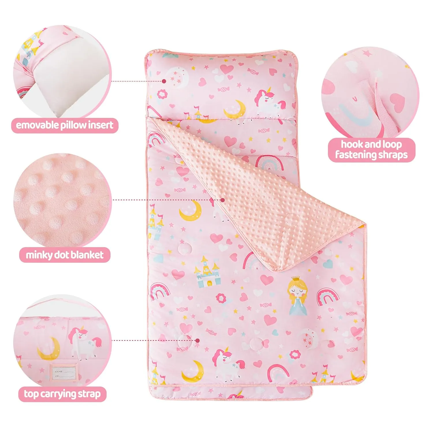 Viviland Toddler Kid Nap Mat for Preschool, Girls Pink Princess Slumber Bag, Daycare Sleeping Bag with Pillow and Blanket, Kindergarten Sleep Mat