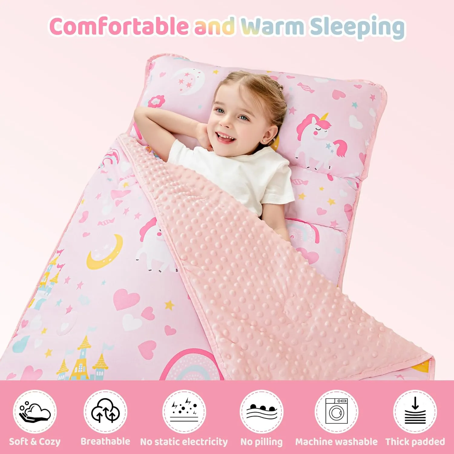 Viviland Toddler Kid Nap Mat for Preschool, Girls Pink Princess Slumber Bag, Daycare Sleeping Bag with Pillow and Blanket, Kindergarten Sleep Mat