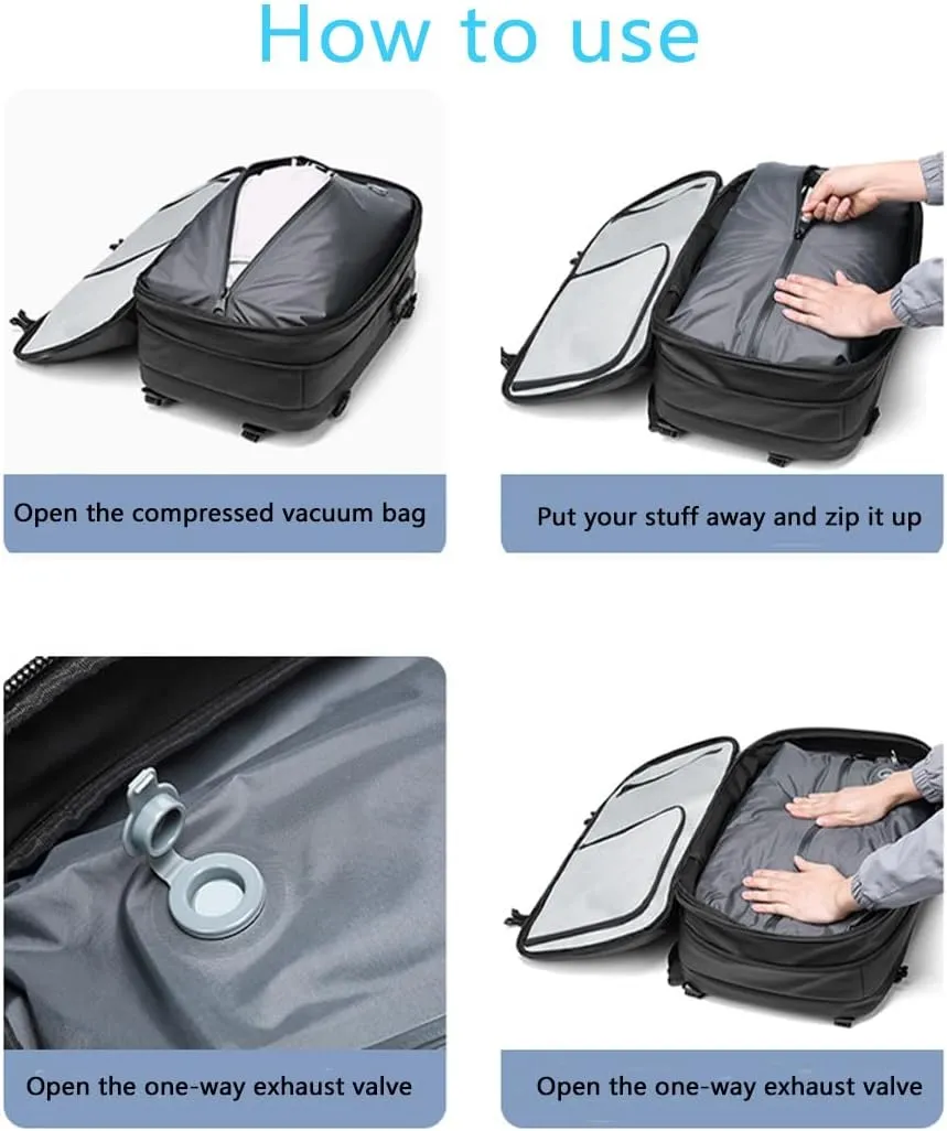 Voyagevac Vacuum Backpack for Travel, Air Travel Bag 2nd Gen, Anti-Theft and Wear-Resistant, Large Capacity (Black, With air pump)