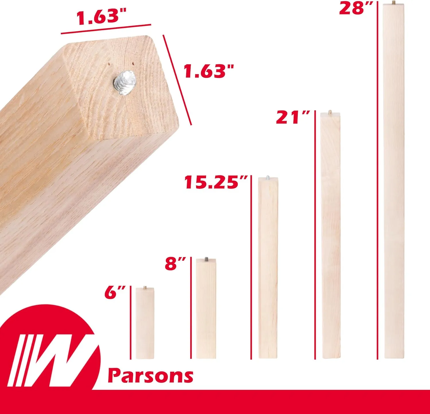 Waddell Parsons Square Table Leg (4 Count, 6" H) | Quick Mount Ash Wood Coffee Table Legs with 5/16" #18 Hanger Bolt | Replacement Decorative Unfinished Furniture Legs for DIY Home Improvement