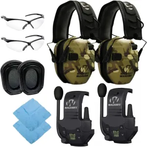 Walker's Razor Slim Electronic Muff (MultiCam Camo Tan, 2-Pack) Bundle with 2 x Walkie-Talkie Attachment, 2 x Gel Ear Pad, 2 x Shooting Glasses, and 2 x Microfiber Cleaning Cloth (10 Items)