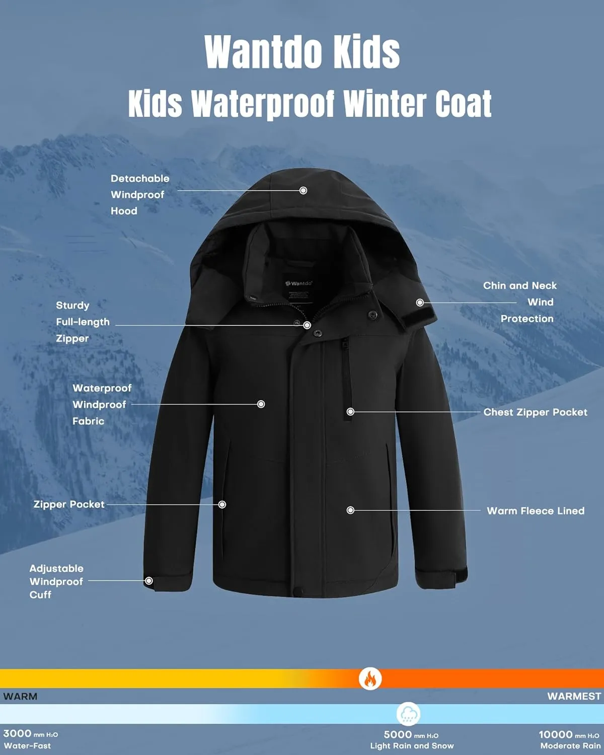 Wantdo Boy's Waterproof Ski Jacket Fleece Snowboarding Jackets Warm Thick Winter Coat Hooded Raincoats