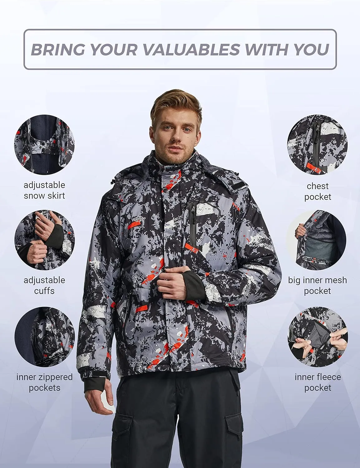 wantdo Men's Mountain Waterproof Ski Jacket Windproof Rain Jacket Winter Warm Hooded Coat