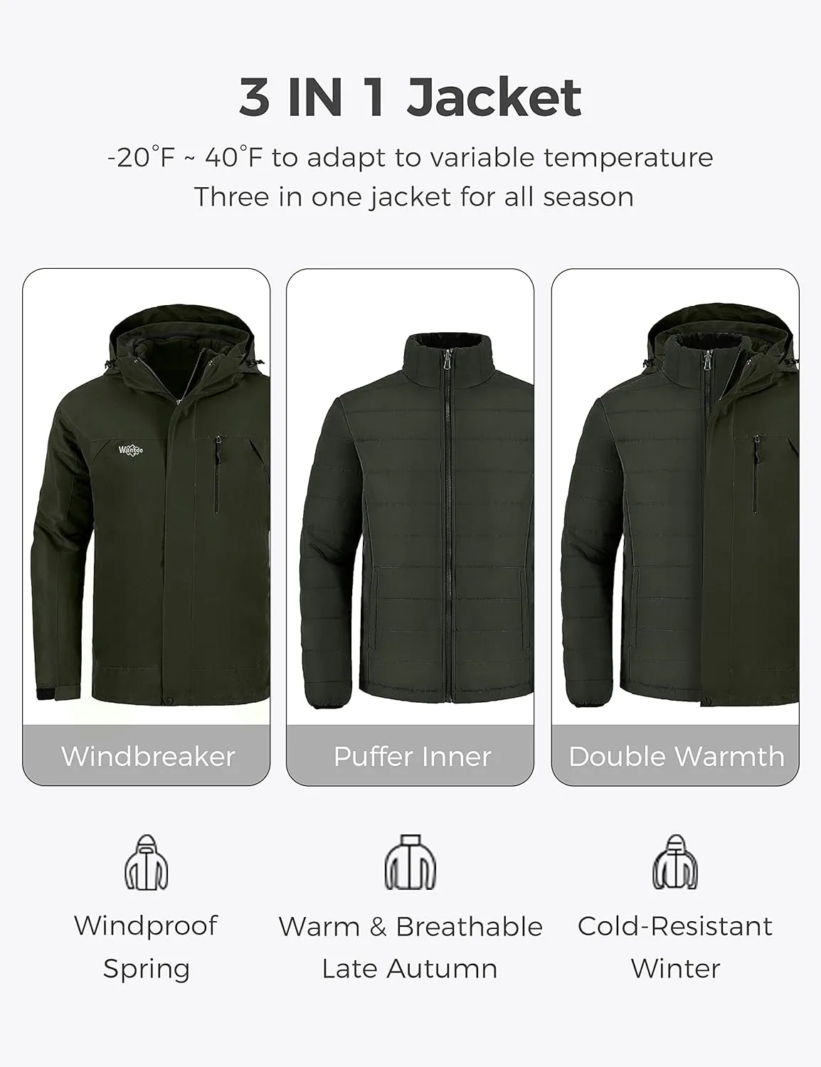 Wantdo Men's Waterproof 3 in 1 Ski Jacket Warm Winter Coat Windproof Snowboarding Jackets with Detachable Puffer Coat
