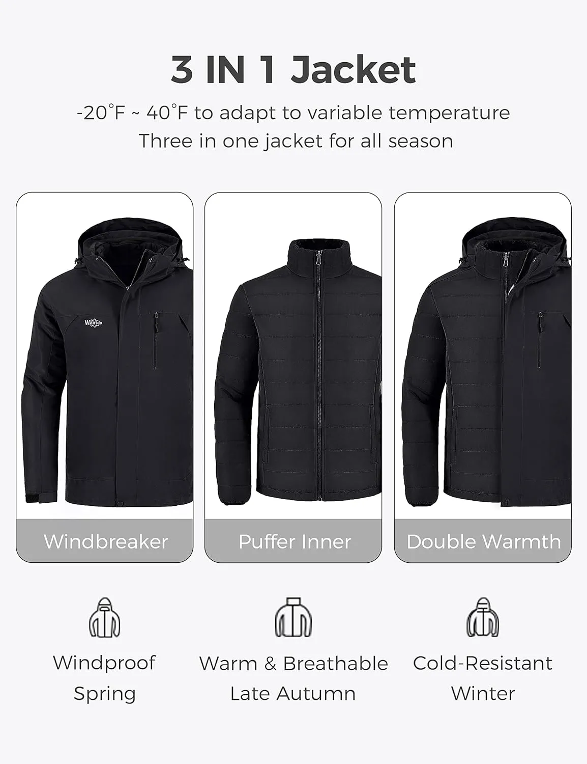 Wantdo Men's Waterproof 3 in 1 Ski Jacket Warm Winter Coat Windproof Snowboarding Jackets with Detachable Puffer Coat