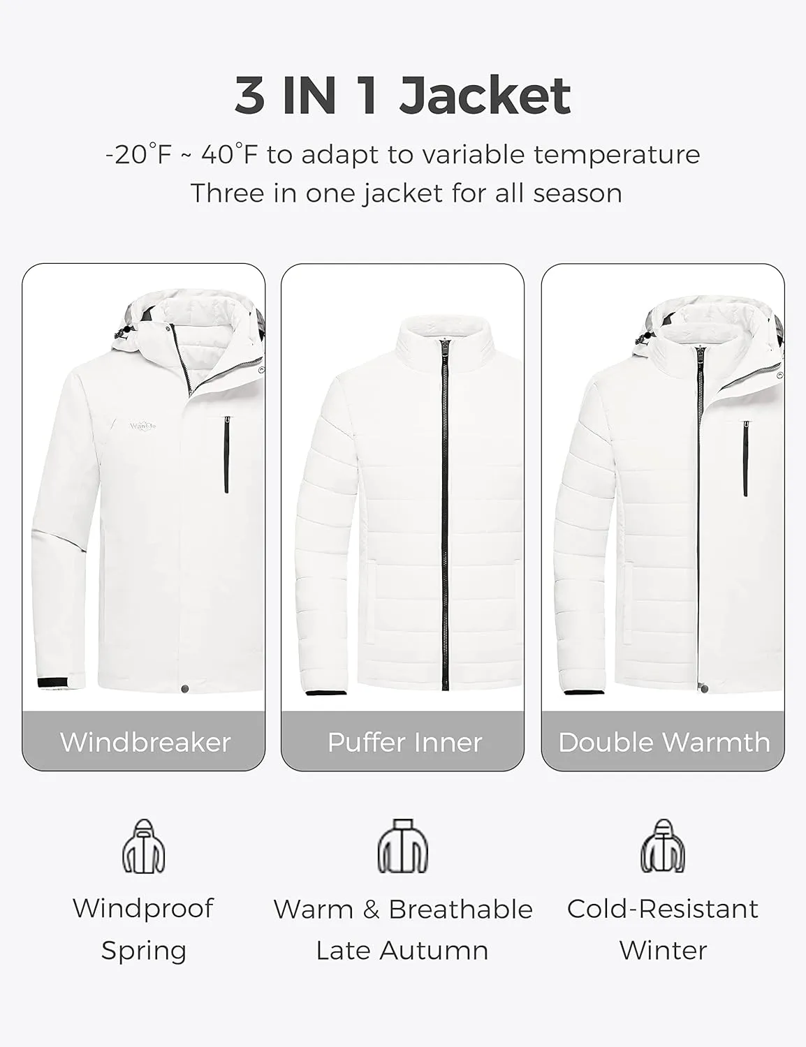 Wantdo Men's Waterproof 3 in 1 Ski Jacket Warm Winter Coat Windproof Snowboarding Jackets with Detachable Puffer Coat