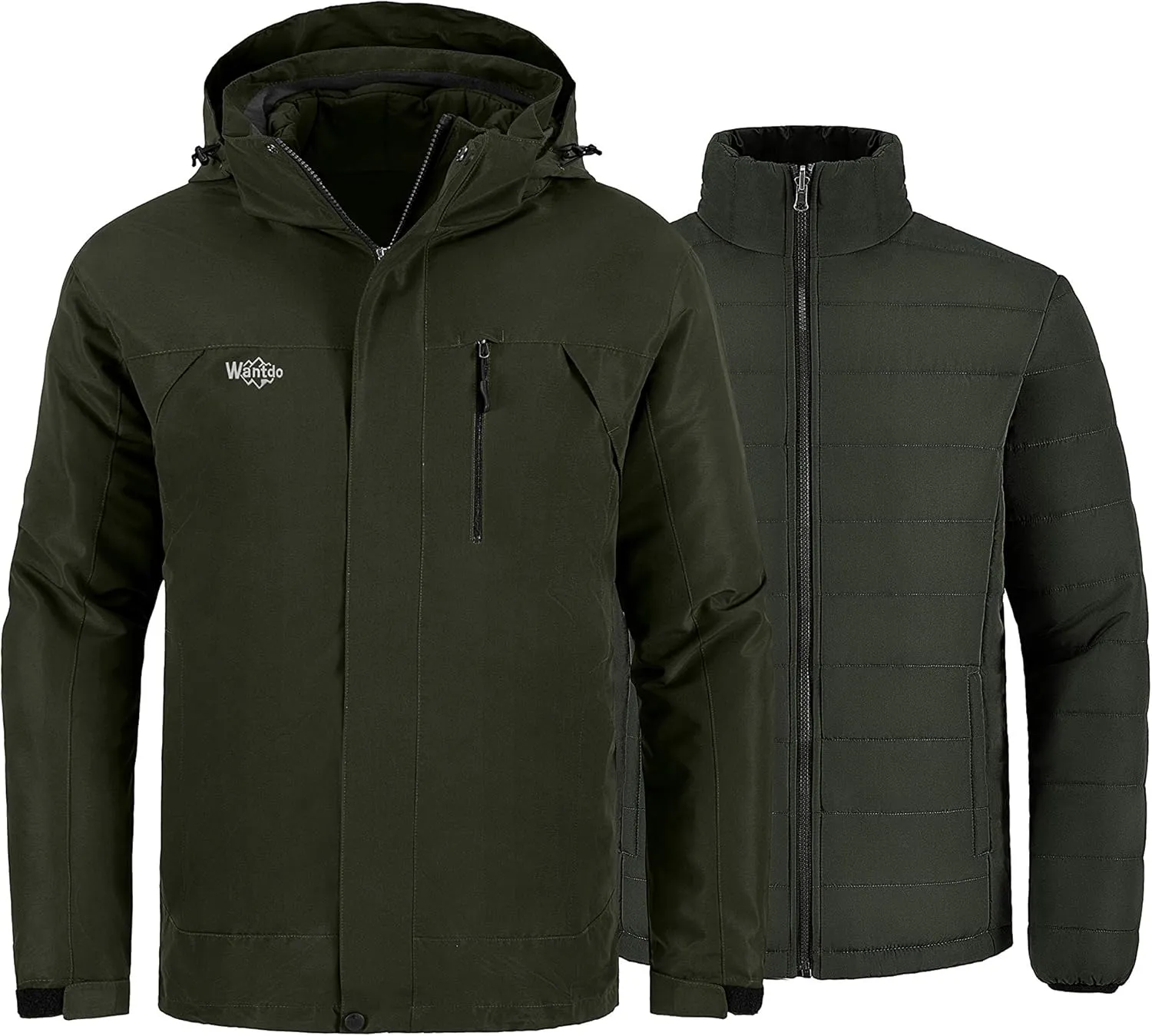 Wantdo Men's Waterproof 3 in 1 Ski Jacket Warm Winter Coat Windproof Snowboarding Jackets with Detachable Puffer Coat