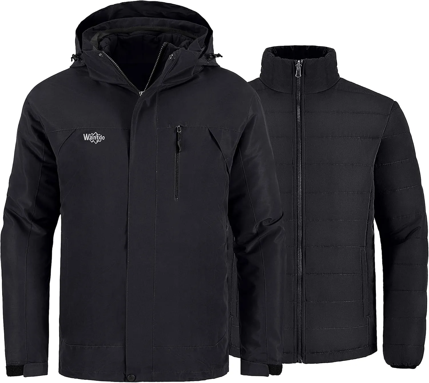 Wantdo Men's Waterproof 3 in 1 Ski Jacket Warm Winter Coat Windproof Snowboarding Jackets with Detachable Puffer Coat