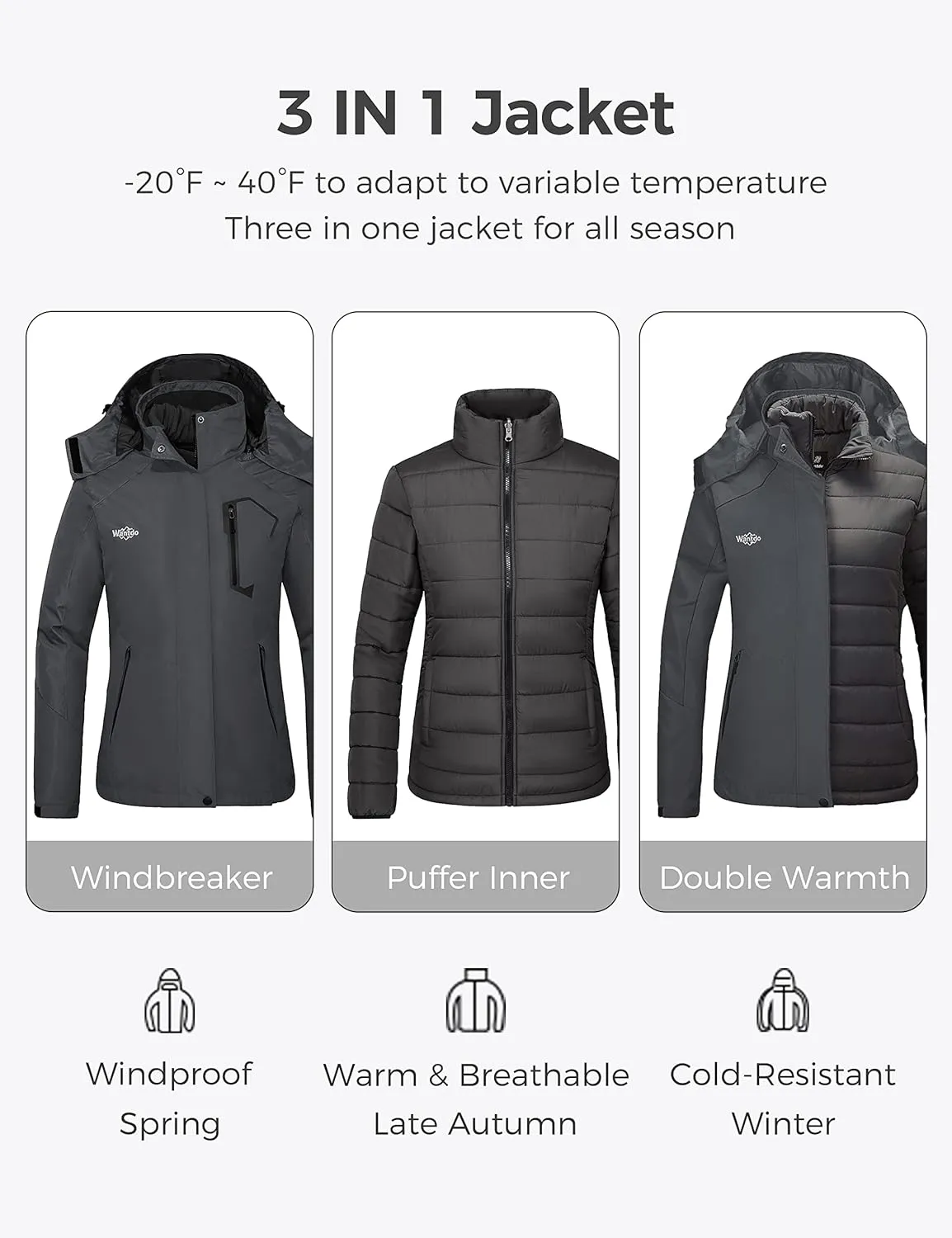 wantdo Women's 3 in 1 Waterproof Ski Jacket Mountain Snowboarding Jacket Winter Snow Coat