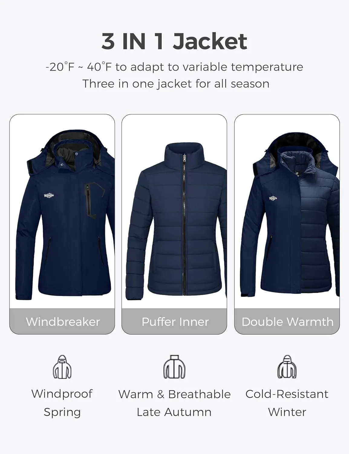 wantdo Women's 3 in 1 Waterproof Ski Jacket Mountain Snowboarding Jacket Winter Snow Coat