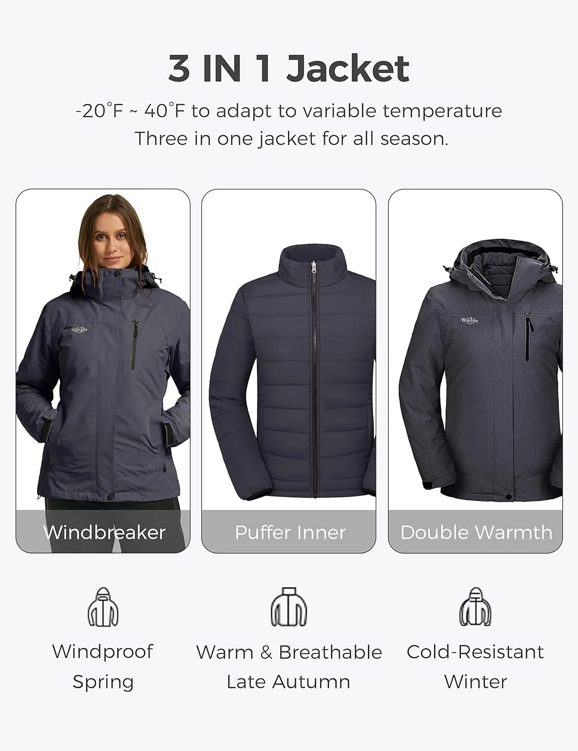 wantdo Women's 3 in 1 Waterproof Ski Jacket Windproof Winter Snow Coat Snowboarding Jackets Warm Raincoat