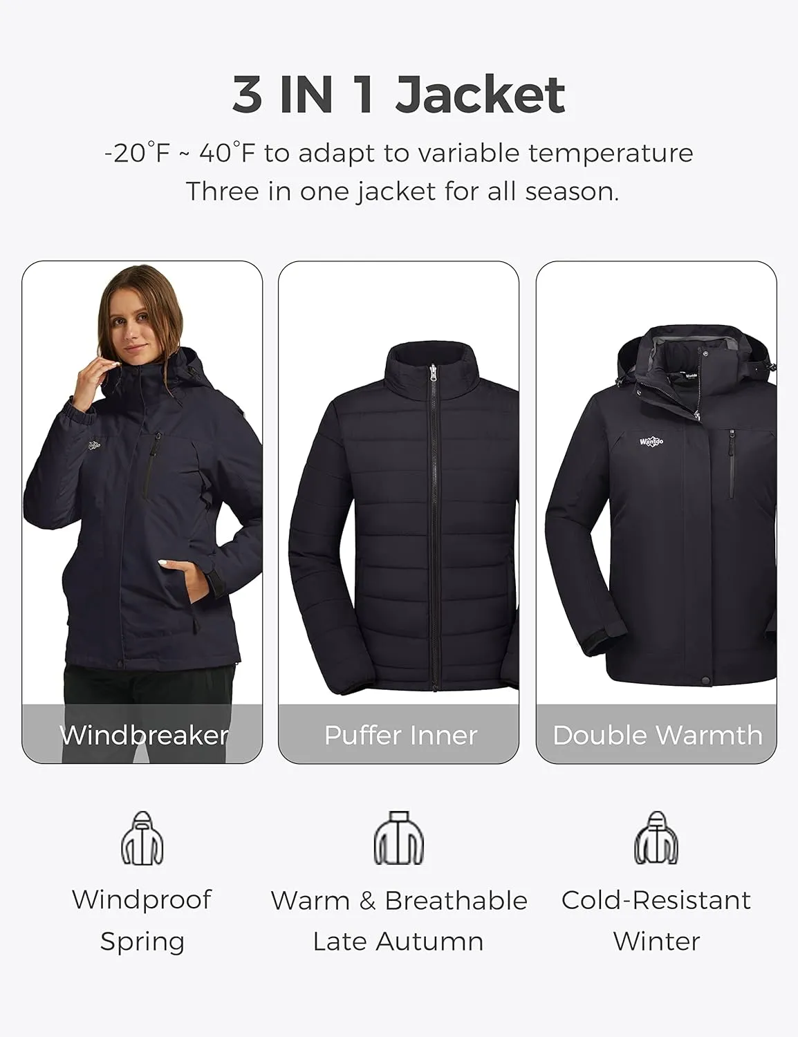 wantdo Women's 3 in 1 Waterproof Ski Jacket Windproof Winter Snow Coat Snowboarding Jackets Warm Raincoat