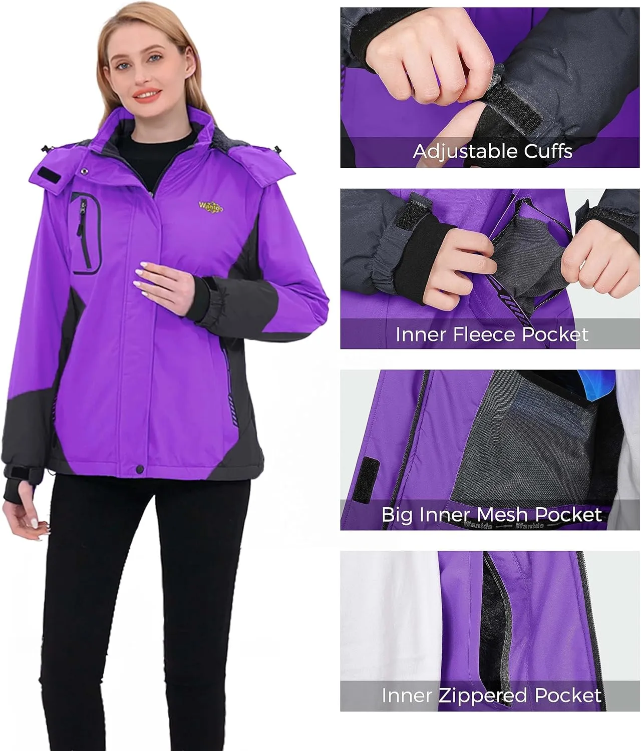 wantdo Women's Mountain Waterproof Ski Jacket Windproof Rain Jacket Winter Warm Hooded Coat