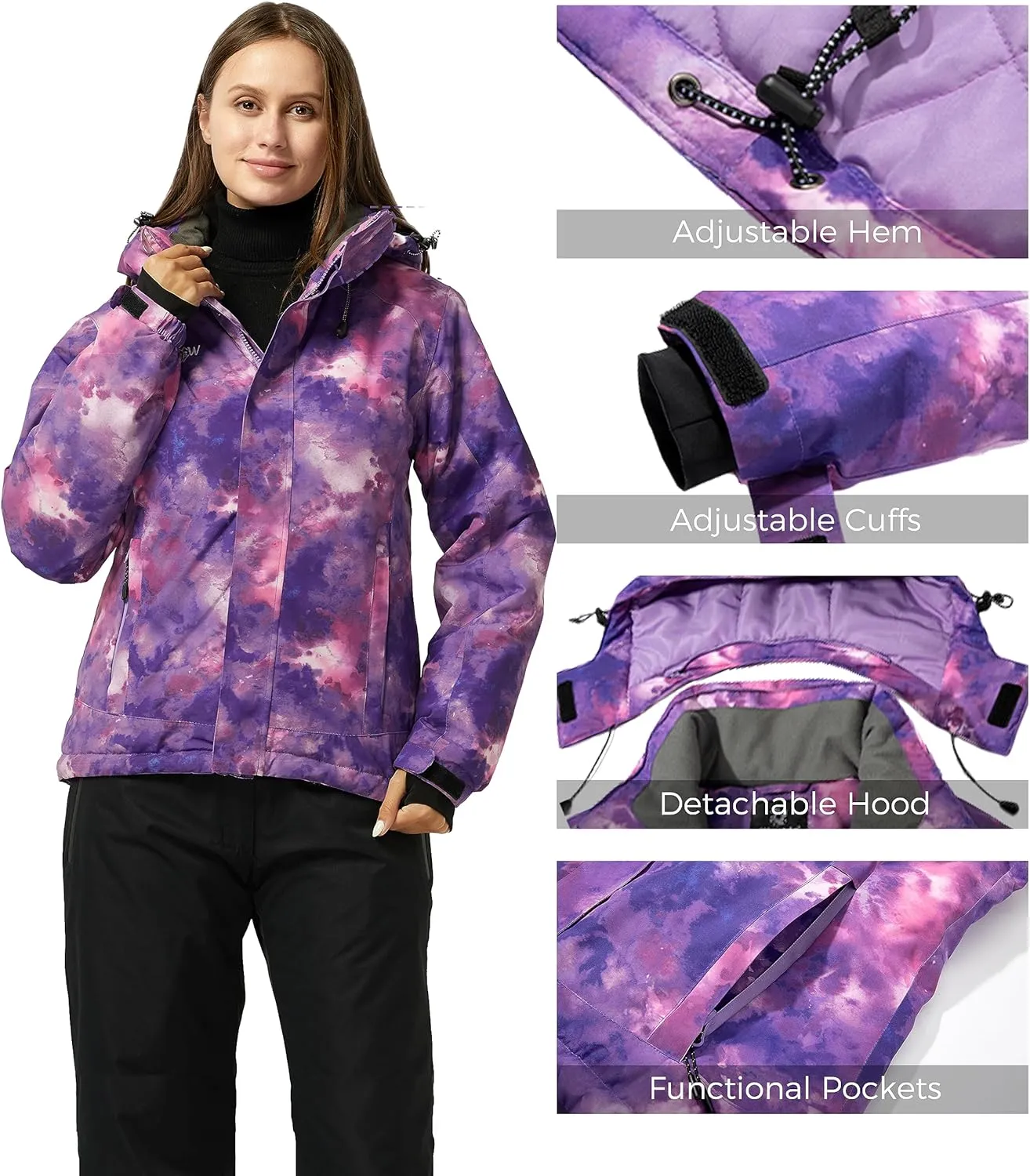 Wantdo Women's Waterproof Ski Jacket Colorful Printed Fully Taped Seams Rain Coat Warm Winter Parka